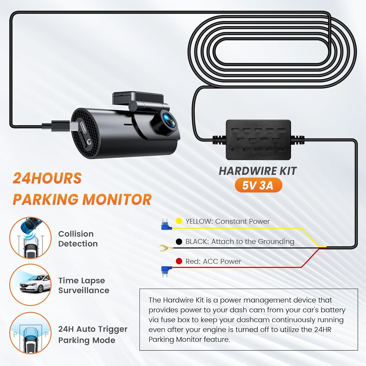 Detalle de GKU Upgraded Dash Cam Hardwire Kit with 8 Fuse Tap Set for 12V–24V Vehicles (3m Type-C ACC Cable)