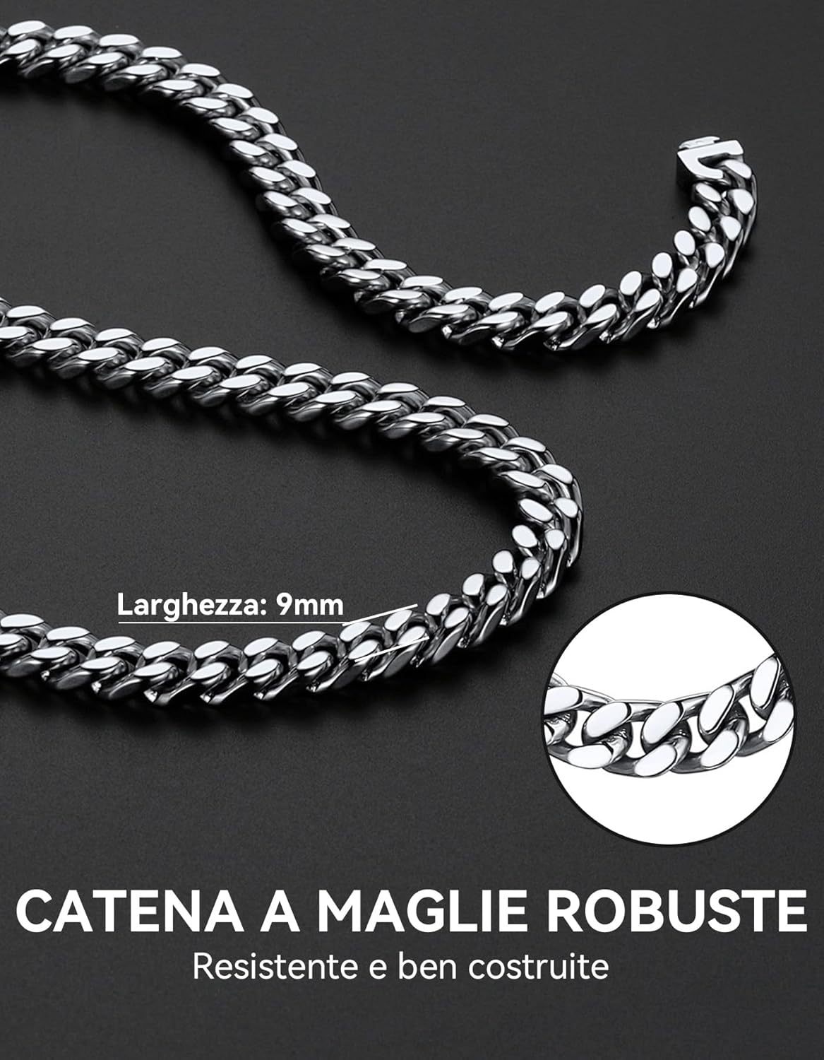 Detalle 2 de ChainsHouse Collana Uomo in Acciaio a Catena Cubana spessa – 46–76 cm, 5/7/9/12 mm, placcata Oro/Nero/Argento