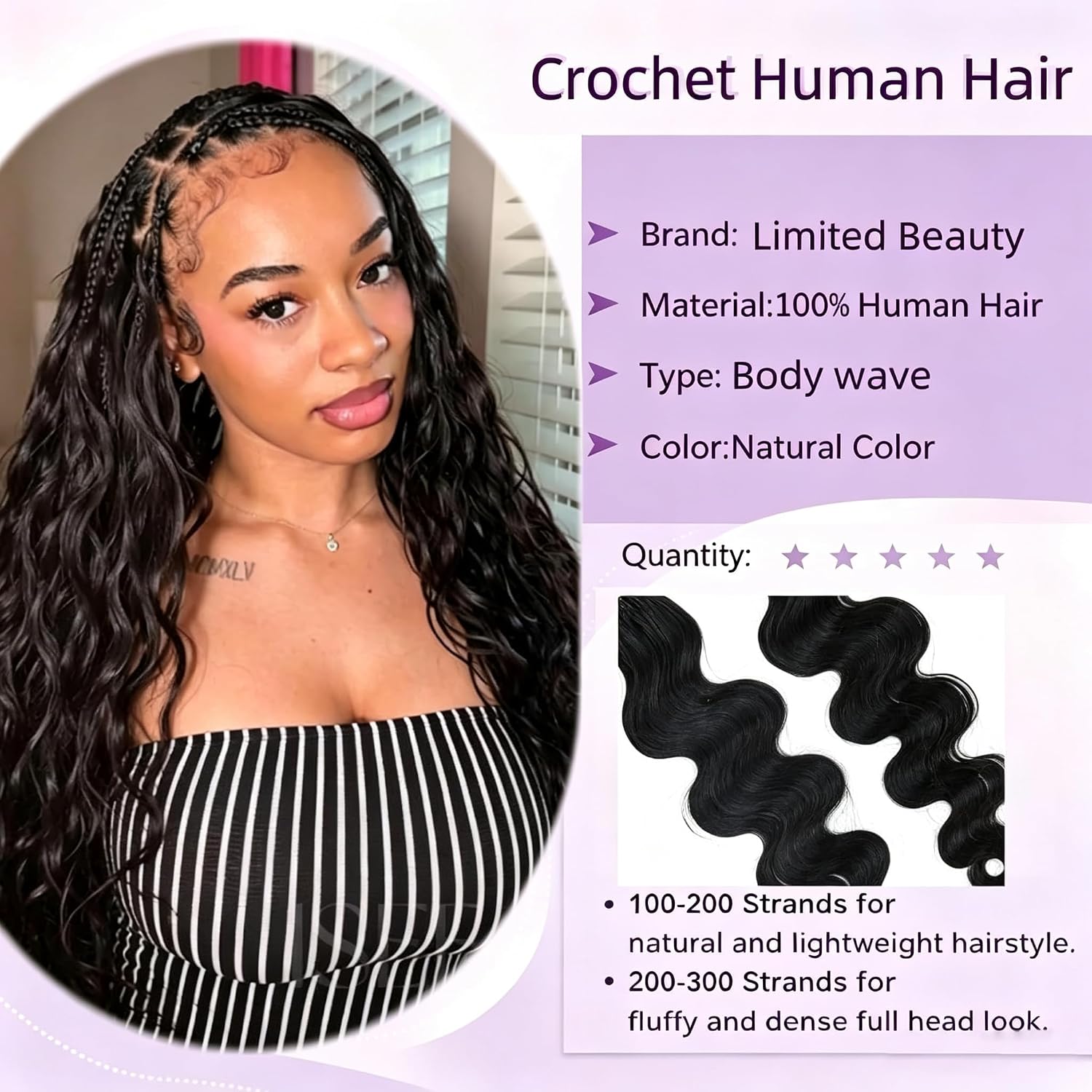 Detalle de Body Wave Feather Crochet Human Hair Extensions - 2 Pack, 16 inch, 120g