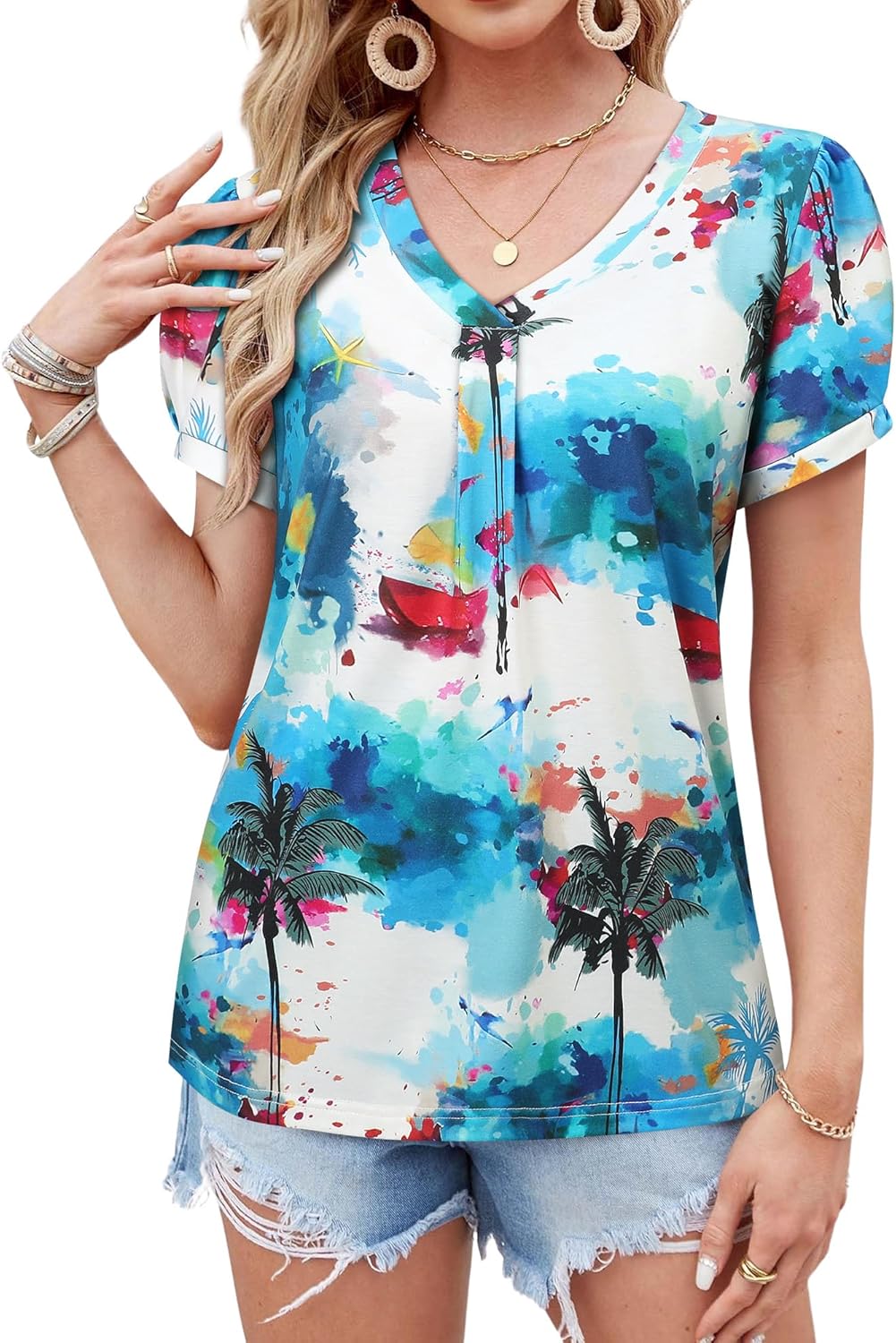 Thumbnail 1 de WIEIYM women’s v-neck floral pleated puff short-sleeve tropic t-shirt blouse