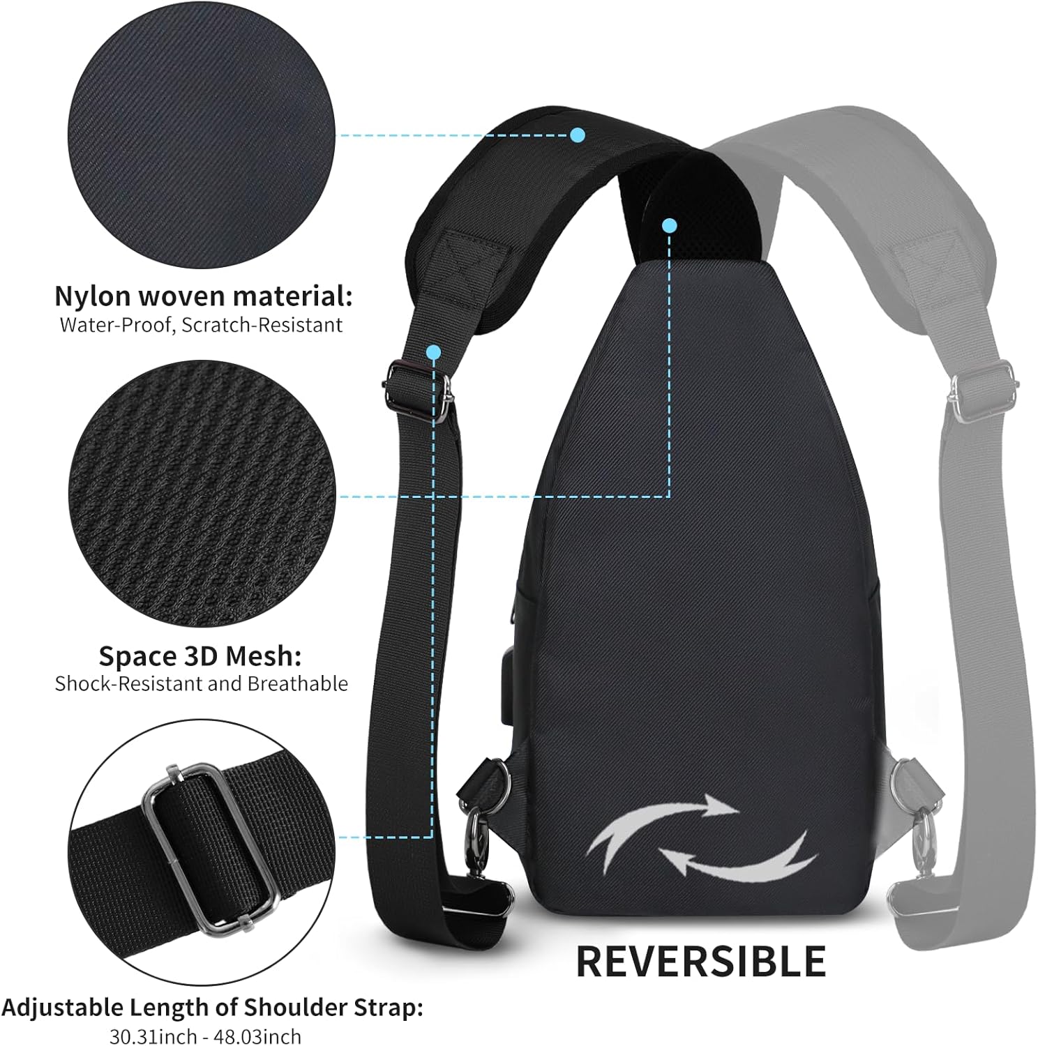 Thumbnail 3 de AMJ Crossbody Sling Bag for Men and Women — Nylon, 5 Pockets, USB-C Charging, Reversible Strap