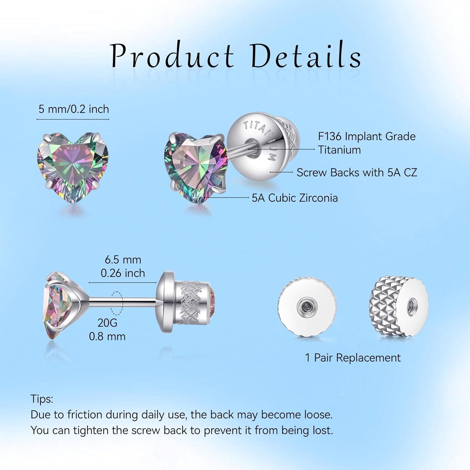 Detalle de Limerencia Herz Titan Ohrringe mit Schraubverschluss – hypoallergen, 5 mm CZ