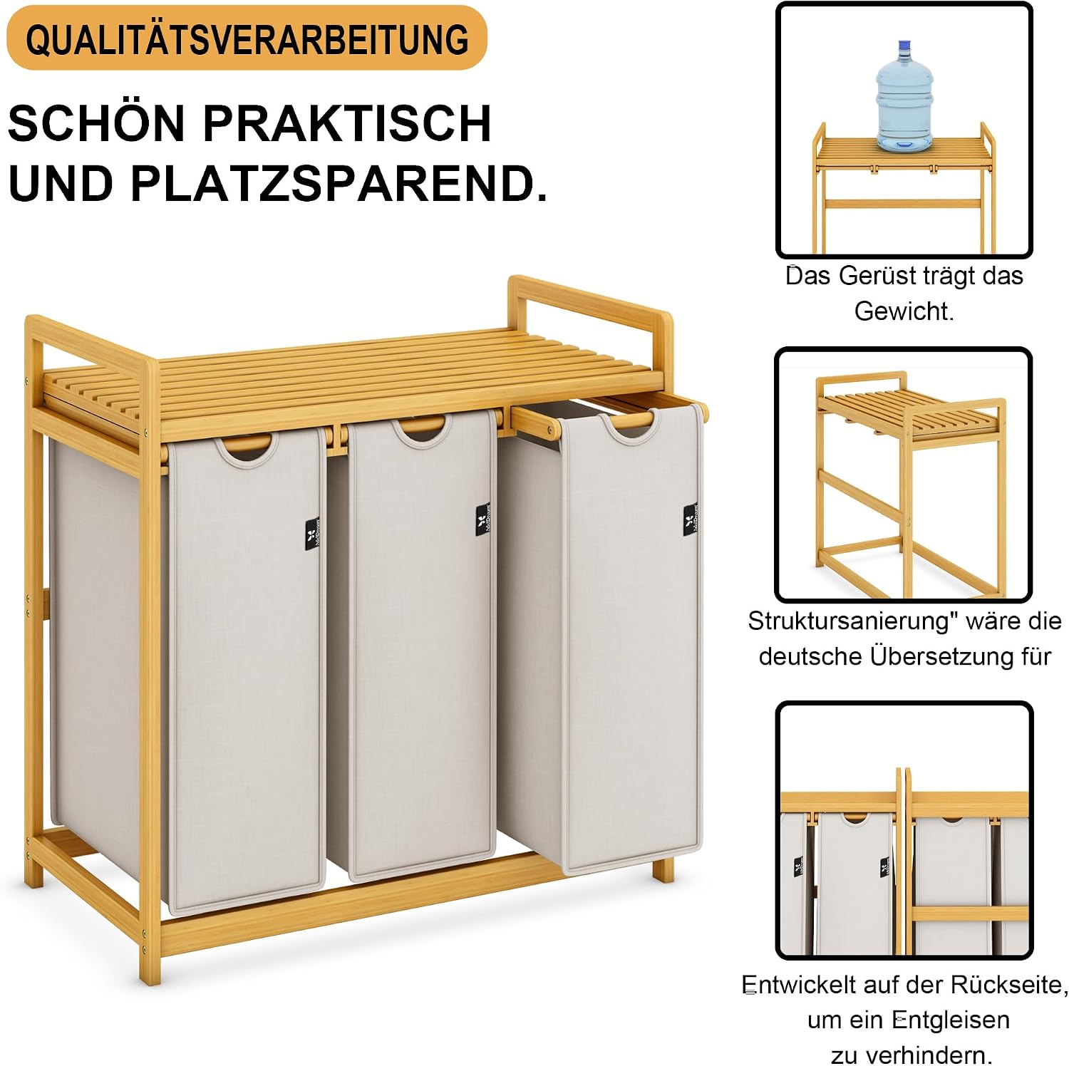 Detalle de AdelDream Wäschekorb 150L – 3-fächer Wäschesammler mit Ablage, Bambusrahmen, hellgrau