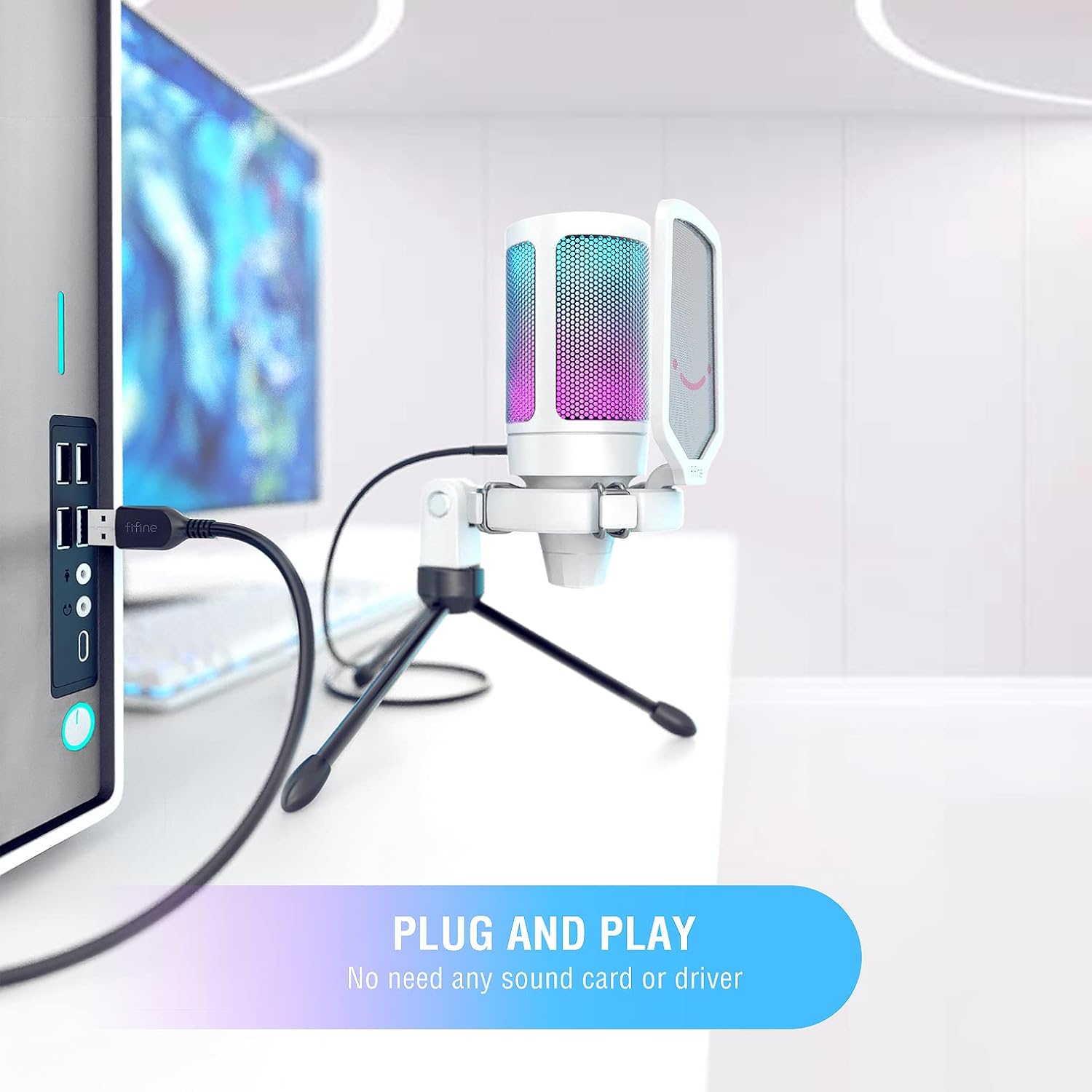 Detalle de FIFINE Gaming Mikrofon PC – USB Kondensator mit Stativ, Mute-Taste und Popfilter