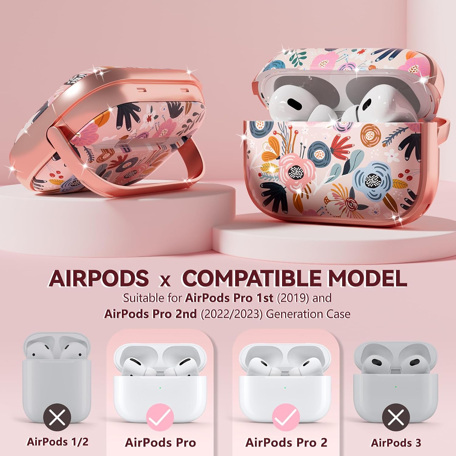 Detalle 2 de Inesore AirPods Pro Case Cover with Lock (Pink Flower) + Cleaning Kit