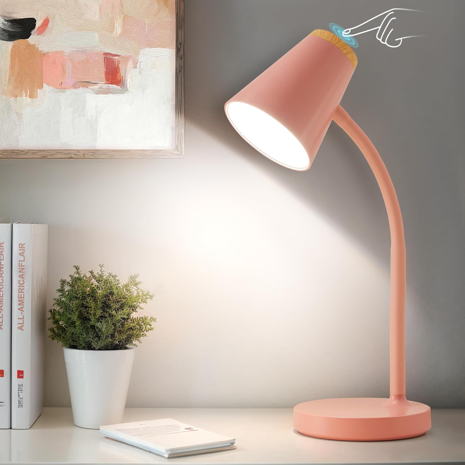 Detalle de EJIAXIN PL-0438T LED Desk Lamp, Pink, Touch Dimming and Flexible Gooseneck