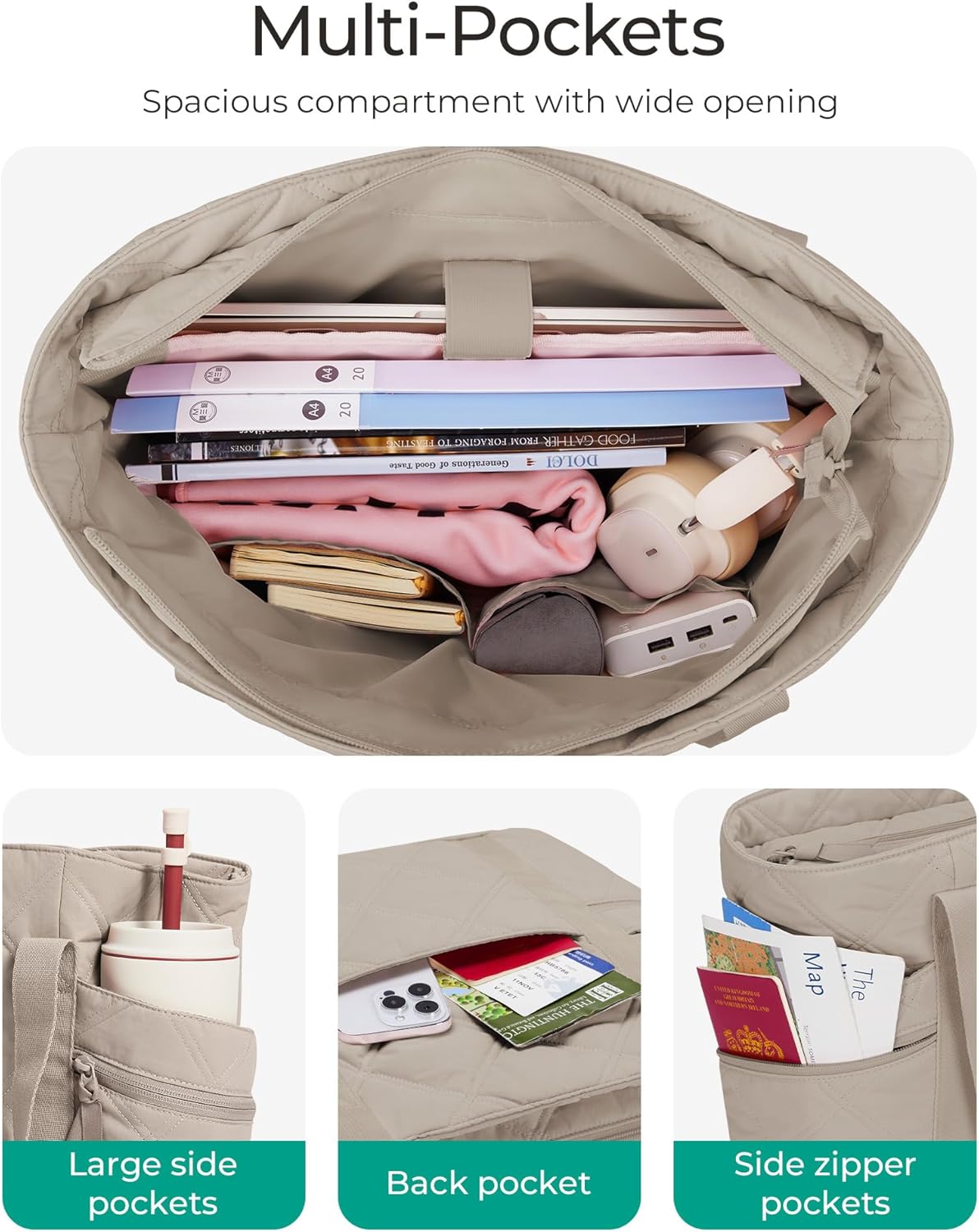 Detalle de bagsmart Tote Bag for Women: Quilted Puffer Laptop Tote with Zipper and 8 Pockets