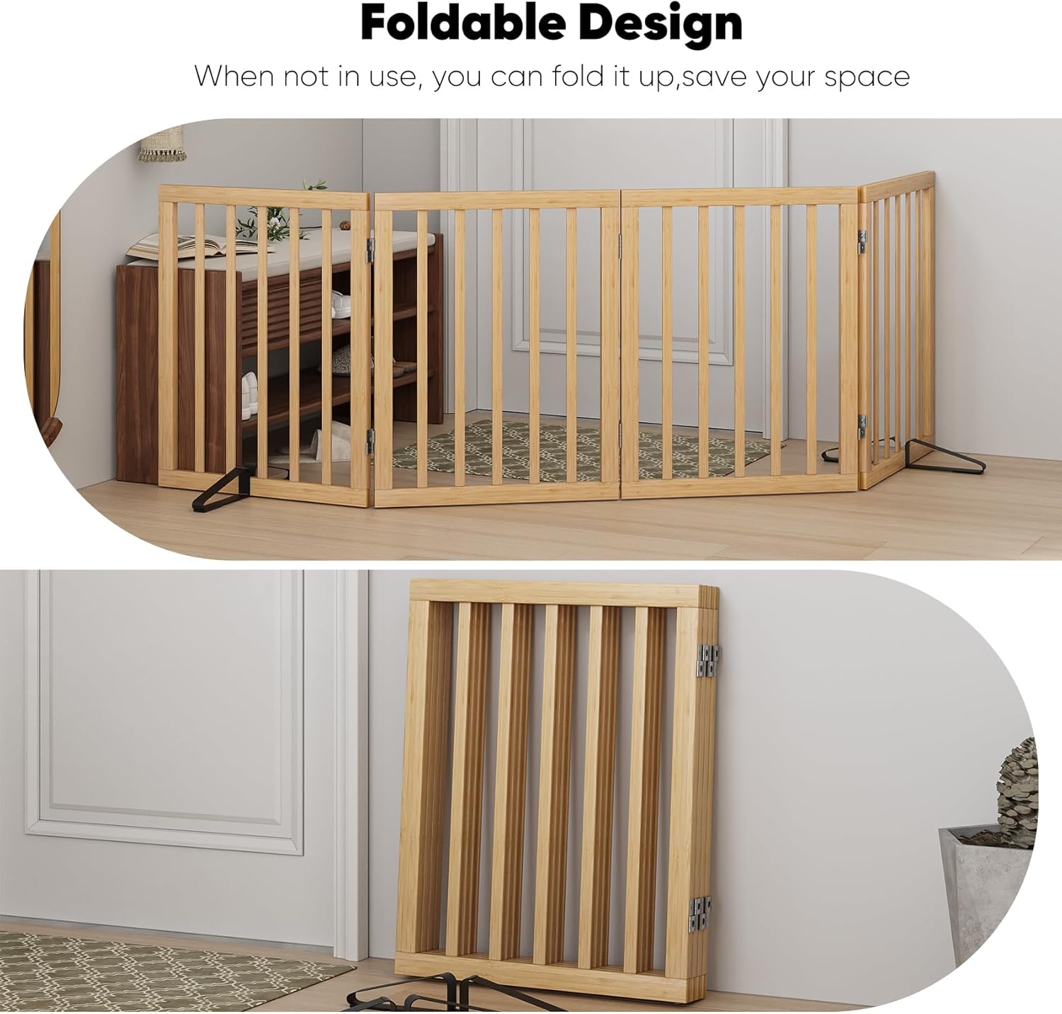 Detalle de Morwdxef Natural Bamboo Freestanding Dog Gate (4 Panels) for Stairs and Doorways