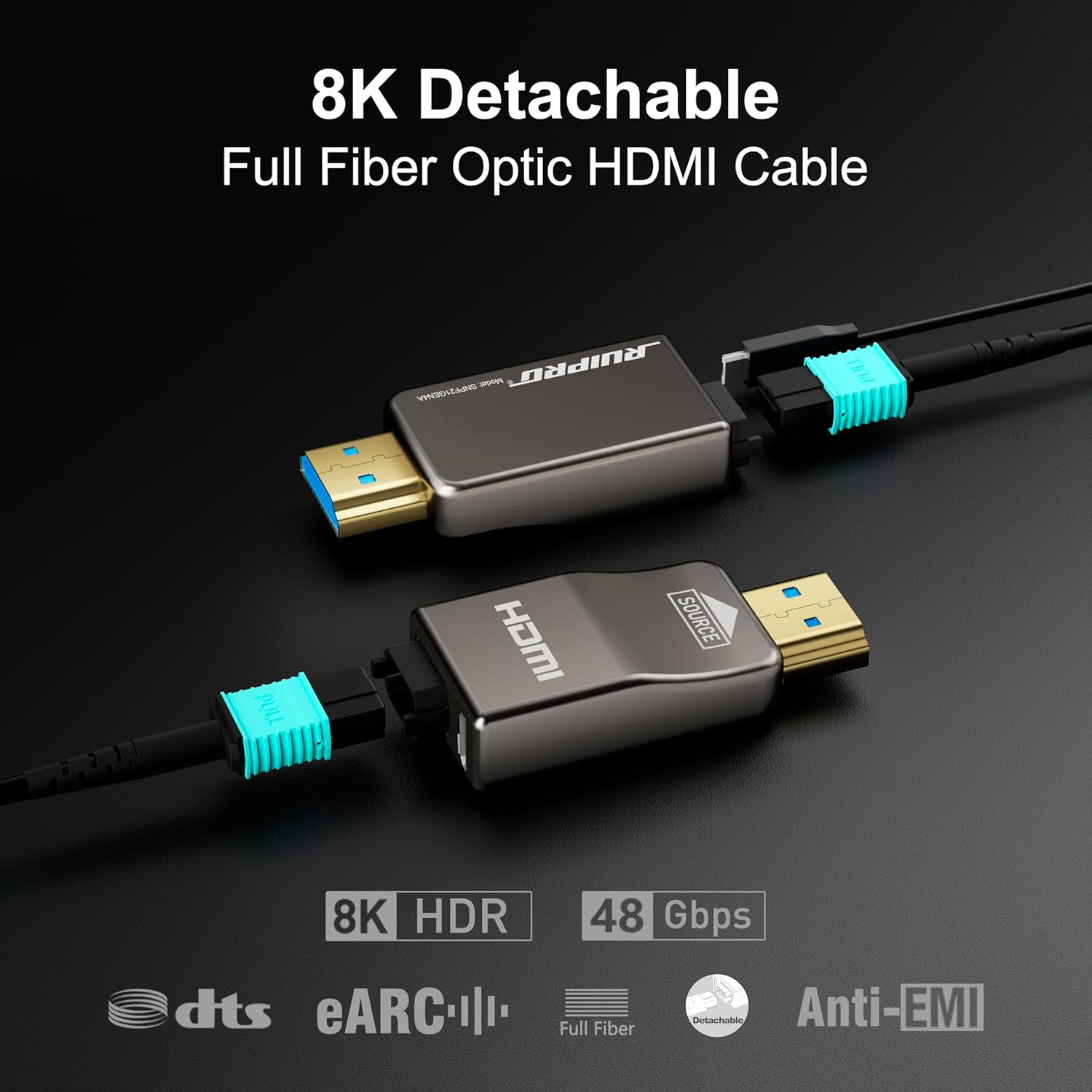 Thumbnail 1 de RUIPRO RUIPRO 8K HDMI 2.1 Kabel mit abnehmbarem Stecker (Glasfaser), 15 m, Ultra High Speed 48 Gbit/s – für 8K@60Hz & 4K@120Hz