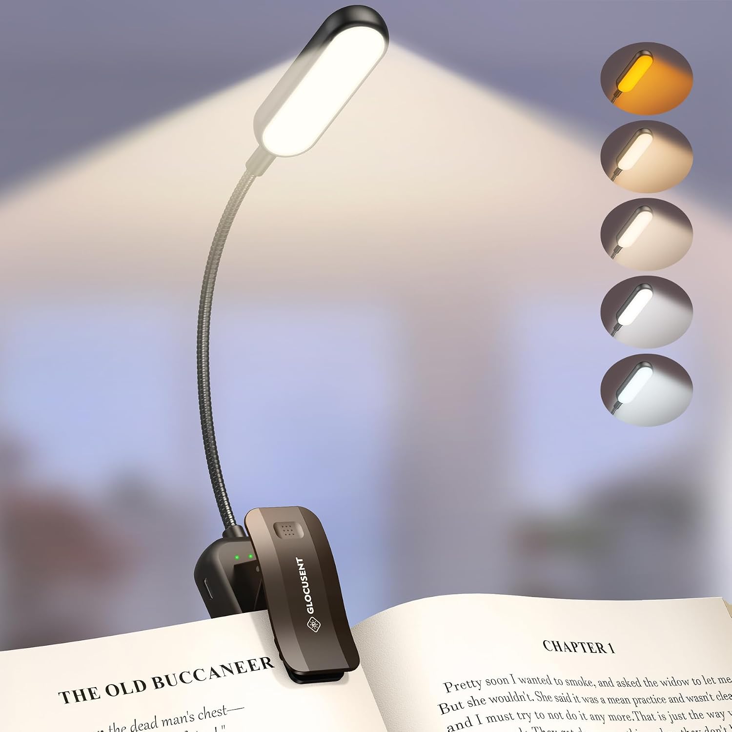 Detalle de Glocusent Glocusent Luz Lectura Libros Cama recargable con 20 LED, 5 modos oculares y regulación 0-100%