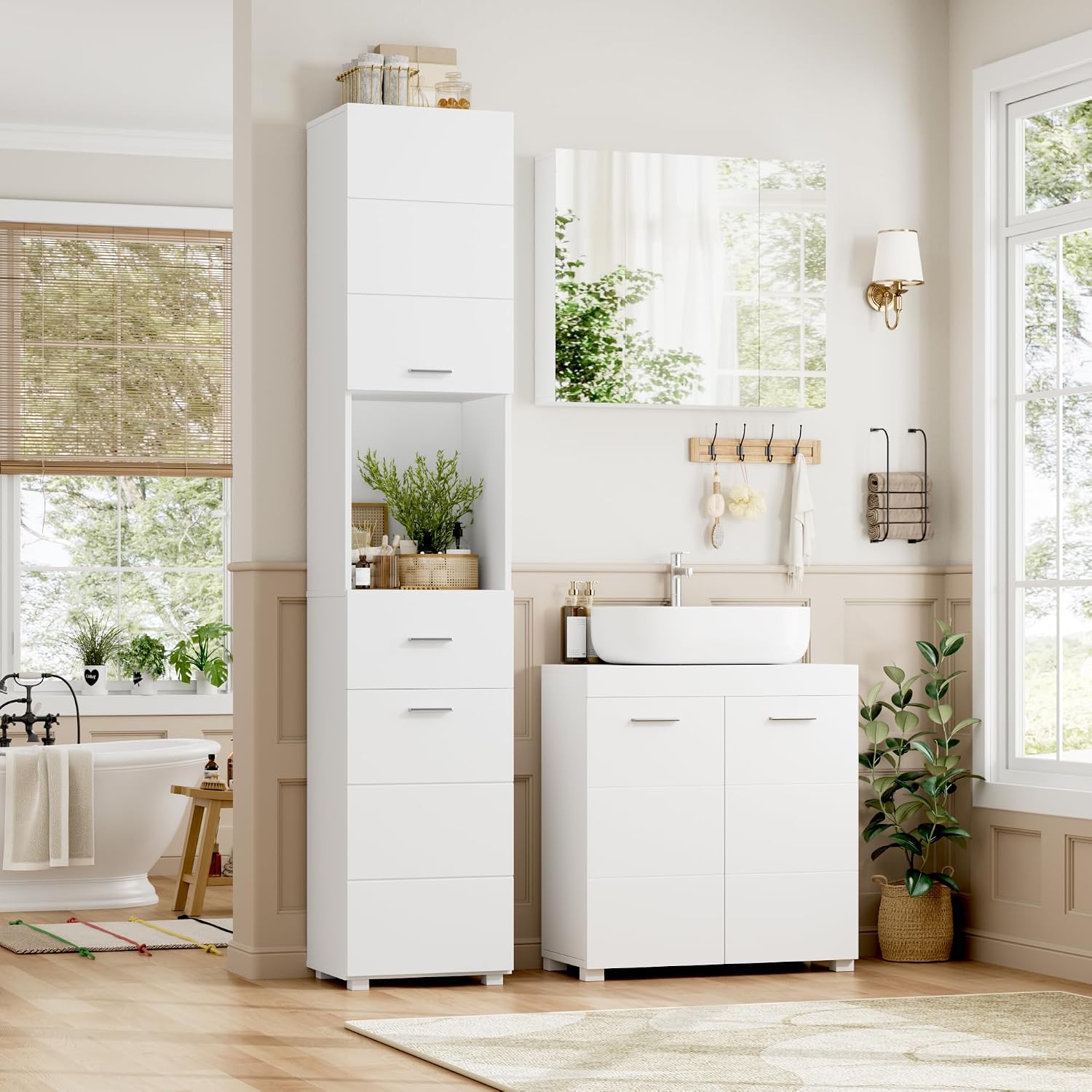 Thumbnail 6 de FOREHILL 180cm Tall Bathroom Cabinet, Slim White Storage with Drawer