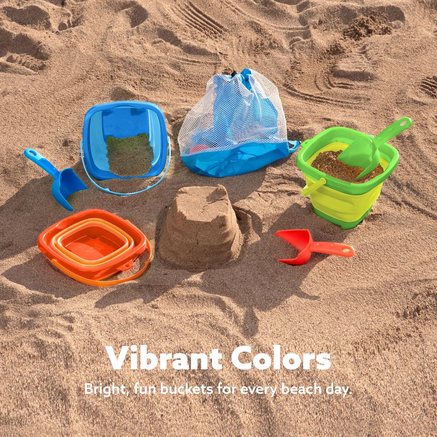 Thumbnail 1 de Sloosh 3-Pack Collapsible Sand Toys: Square Foldable Pails with 3 Shovels (Orange/Blue/Green)