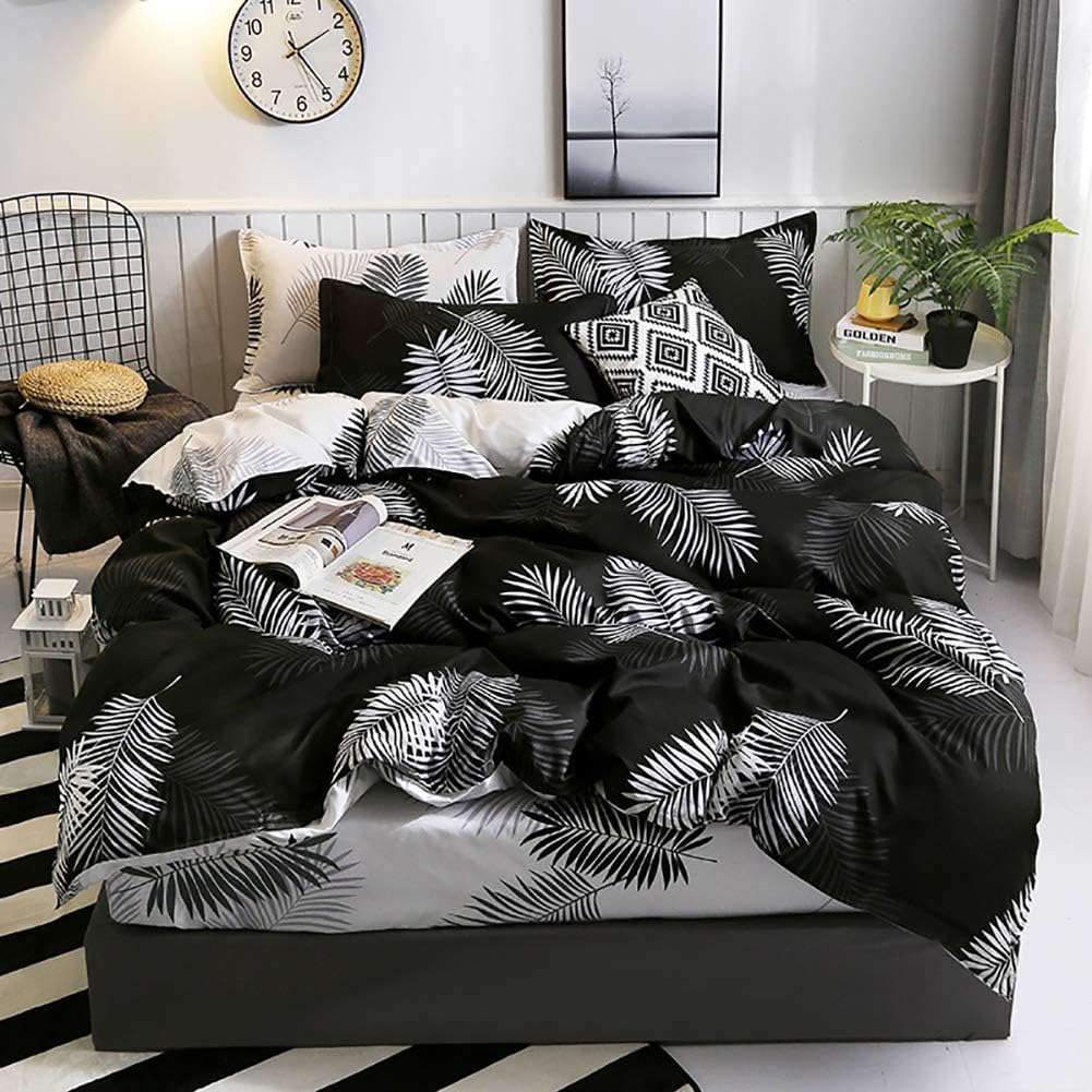 Detalle de Michorinee Housse de Couette 220x240 Motif Feuilles de Palmier Tropicales Noir et Blanche – Parure de lit réversible avec 2 Taies 65x65 cm