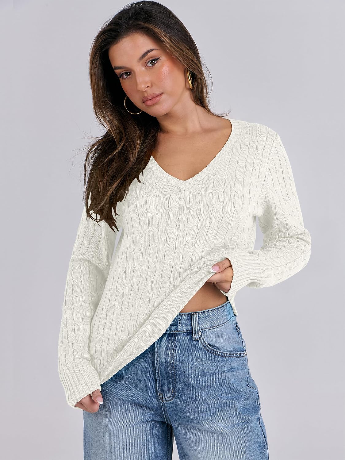 Thumbnail 3 de ANRABESS Long Sleeve Cable Knit Sweater V‑Neck