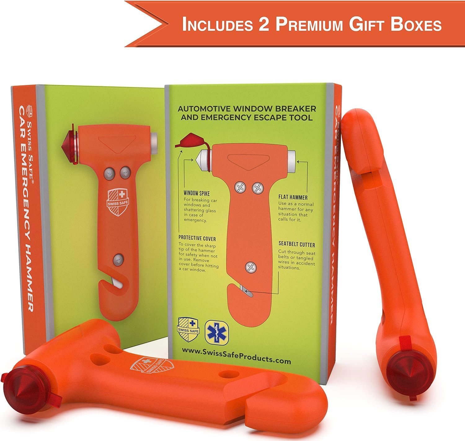 Detalle 2 de Swiss Safe Durable 5-1 Car Safety Hammer & Seatbelt Cutter (Orange) — 2 Pack