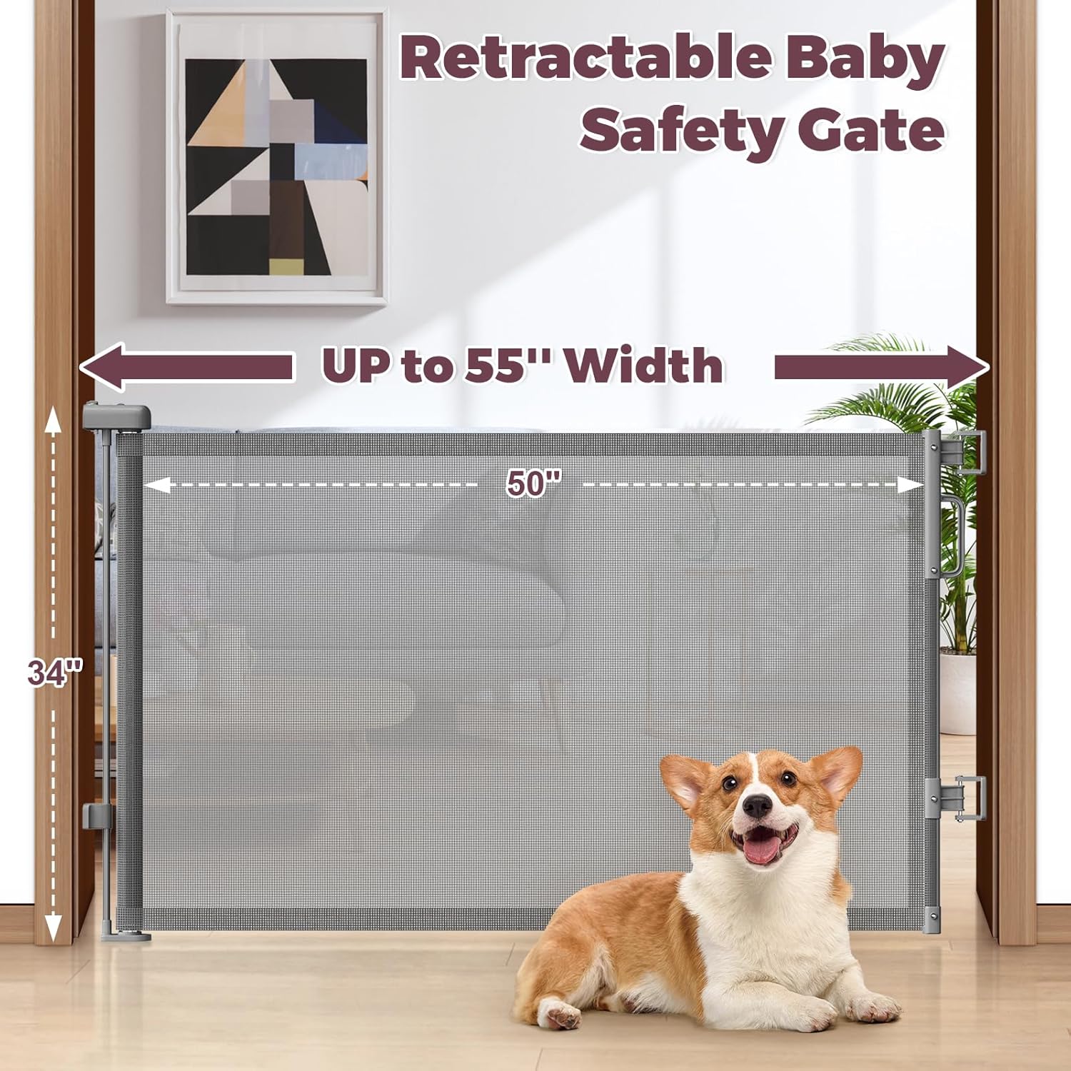 Thumbnail 1 de Cideny Retractable Baby Gate for Stairs & Doorways — 55" Wide, 34" Tall Mesh Gate with One-Hand Operation