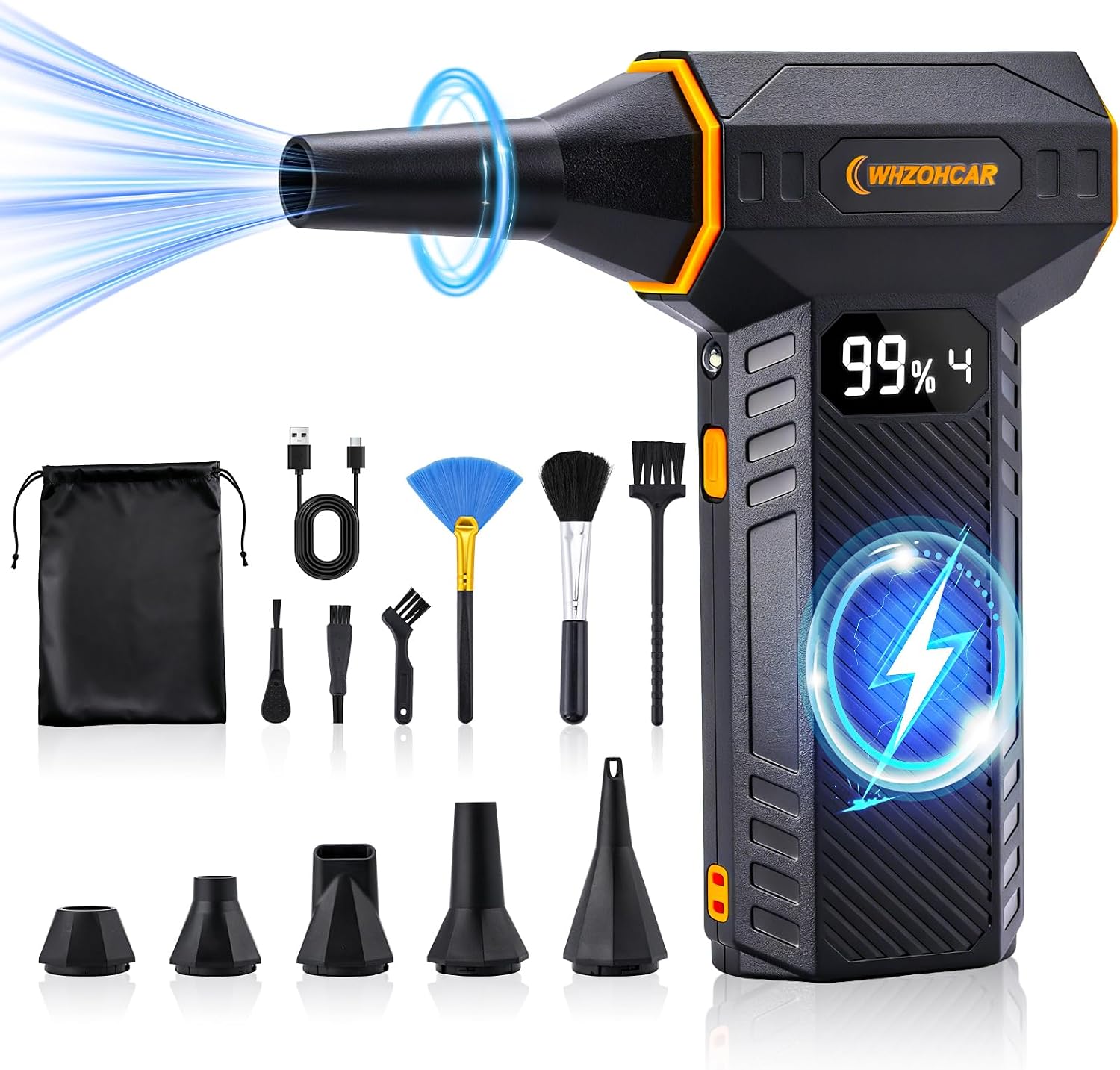 Detalle de Soffiatore elettrico WHZOHCAR a aria compressa senza fili con LED e display LCD, 4 velocità fino a 20000RPM