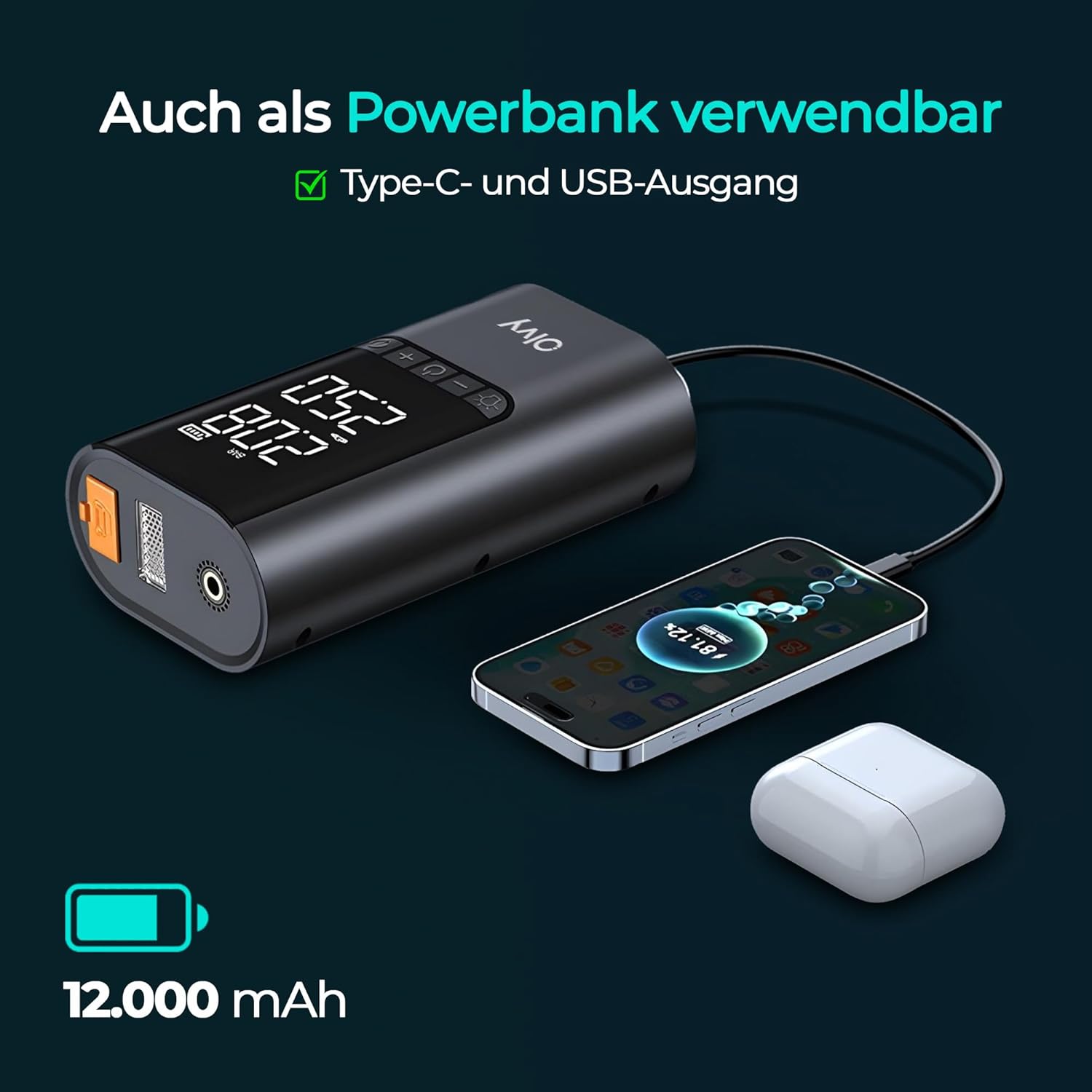 Detalle de Olvy 4-in-1 Tragbarer Starthilfe-Booster mit Luftkompressor – 1500 A Spitzenleistung, 12000 mAh Powerbank