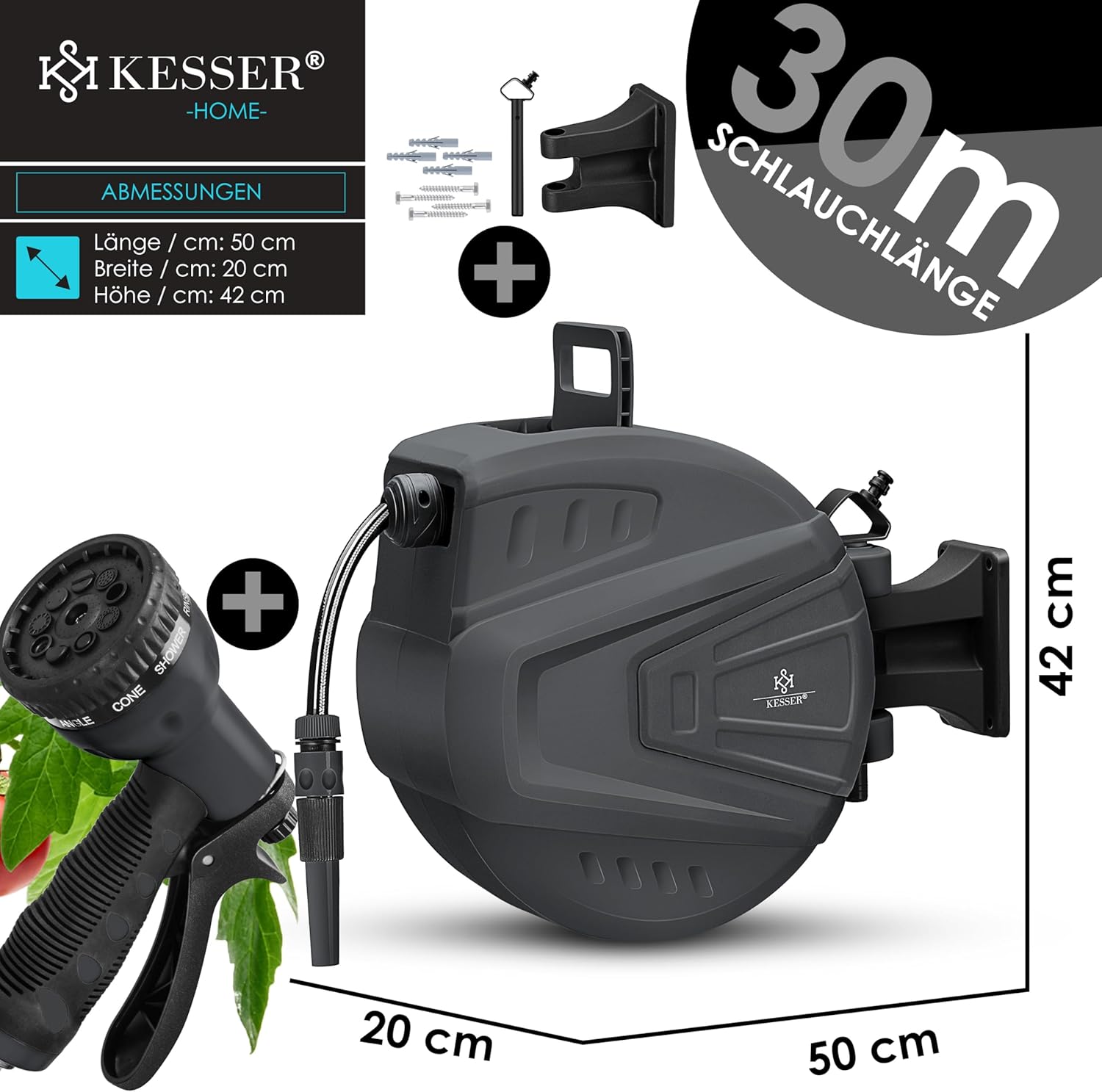 Thumbnail 6 de KESSER automatische Schlauchtrommel 30 m + 2 m – Wand-Schlauchbox mit Aufrollautomatik, 180° schwenkbar & Multi-Handbrause (9 Modi) in Anthrazit