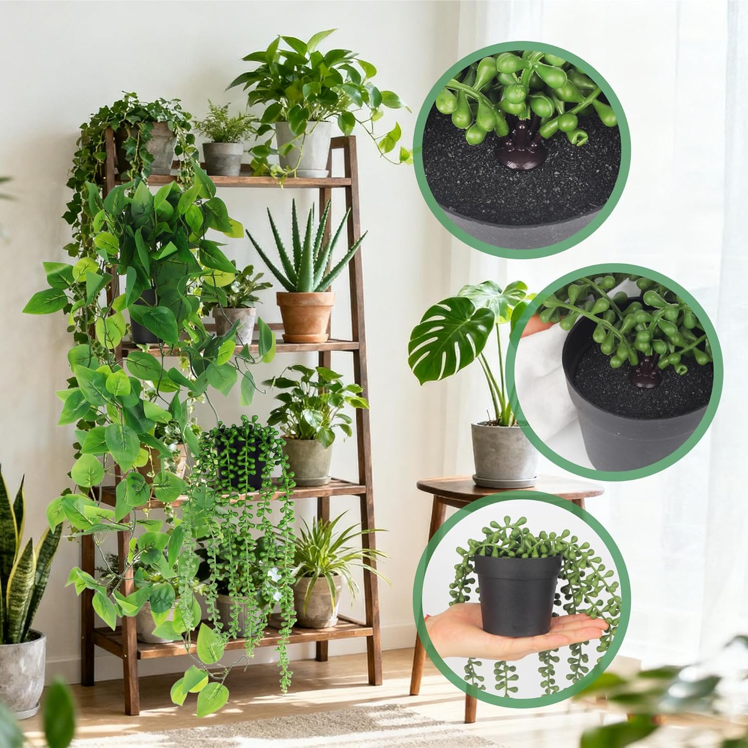 Detalle de LIAILA — Ensemble de 4 plantes tombantes artificielles avec pots (lierre, fougères, pothos, eucalyptus) pour intérieur et extérieur