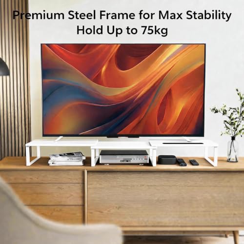 Detalle de DOMSHOCT Dual Monitor Stand Riser: Adjustable, Open Bottom Storage and Tablet Slot