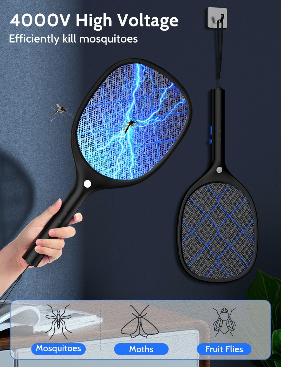 Thumbnail 2 de YISSVIC Electric Fly Swatter 4000V Rechargeable Bug Zapper Racket (2 Pack) with Type-C Cable