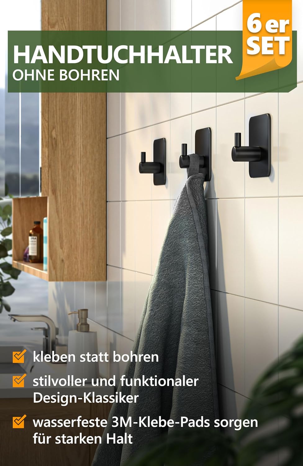 Detalle 2 de 4smile Handtuchhalter 6er Set, selbstklebend schwarz