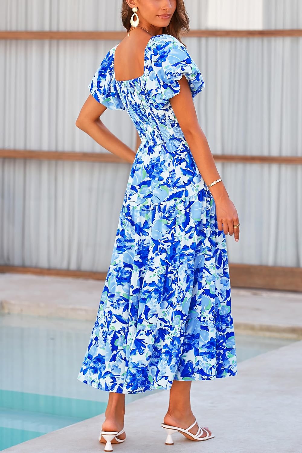 Thumbnail 1 de PRETTYGARDEN Women’s Casual Summer Midi Dress with Puffy Short Sleeves and Square Neck (Smocked Tiered Ruffle)