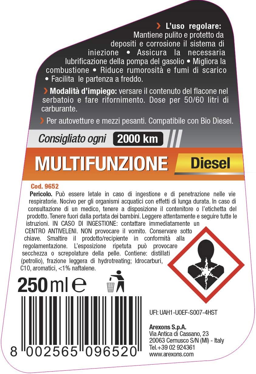 Detalle de Arexons Additivo Diesel Multifunzione 250 ml – Pulitore, Protettivo e Miglioratore di Prestazioni per Motori Diesel