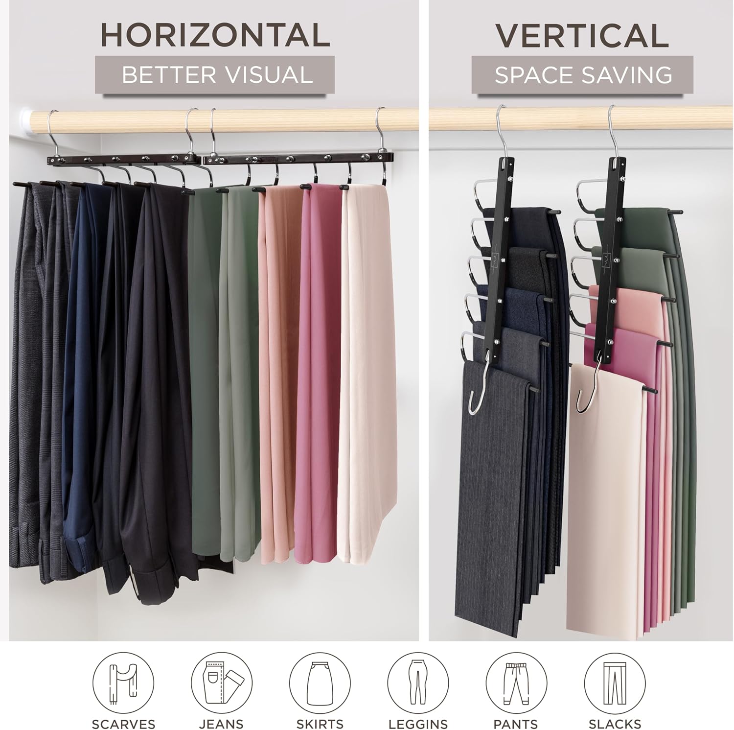 Detalle 2 de MORALVE Space-Saving Pants Hangers, 2-Pack Beechwood with 360° Swivel Hook