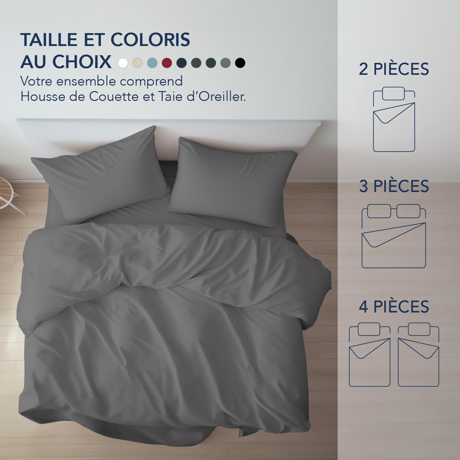 Thumbnail 5 de Dreamzie Housse de Couette 135x200 avec 1 Taie Oreiller 80x80 - Microfibre Douce, Noir, Certifiée Oeko-Tex