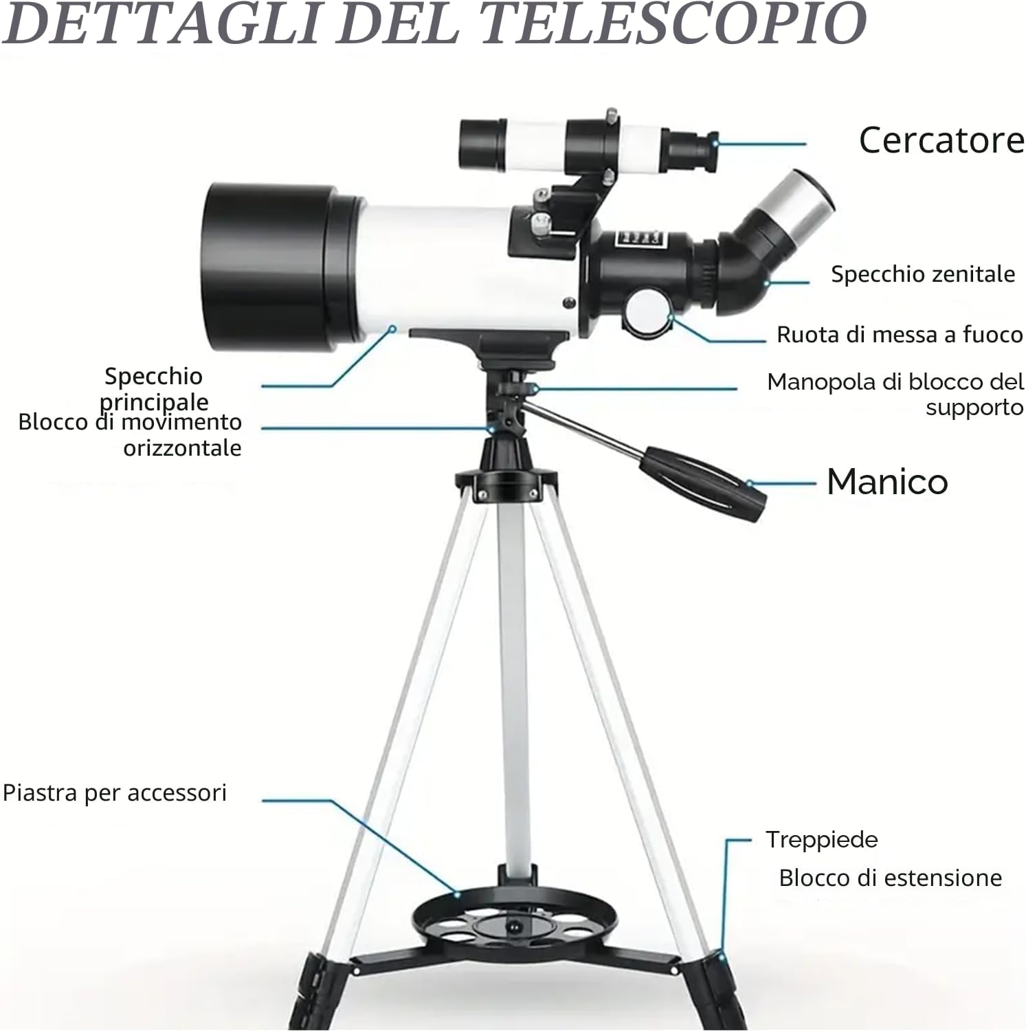Detalle 2 de Misilmp Telescopio 70/400 mm per principianti con oculare 5x24 e treppiede (bianco)