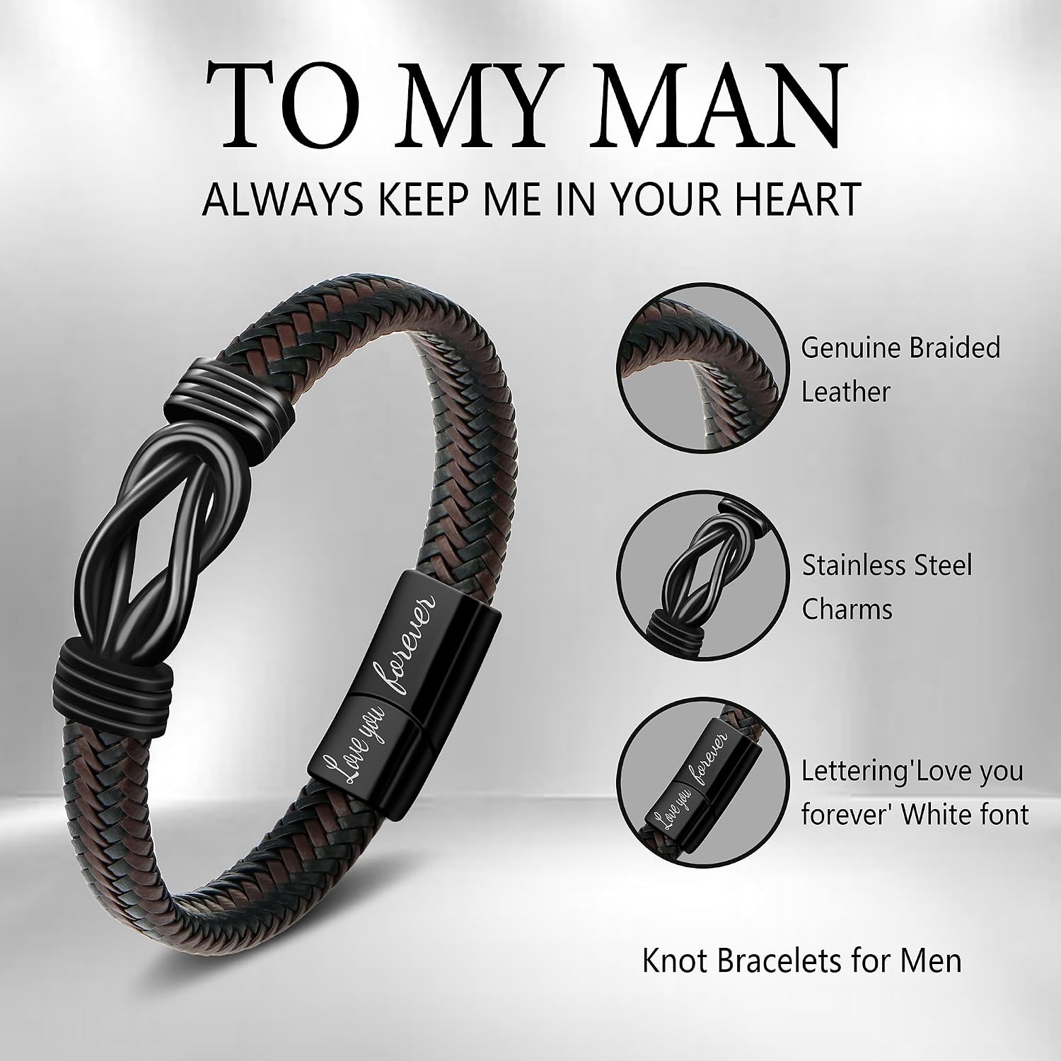 Thumbnail 3 de Knot Bracelet Brown Braided Leather 8.5 in