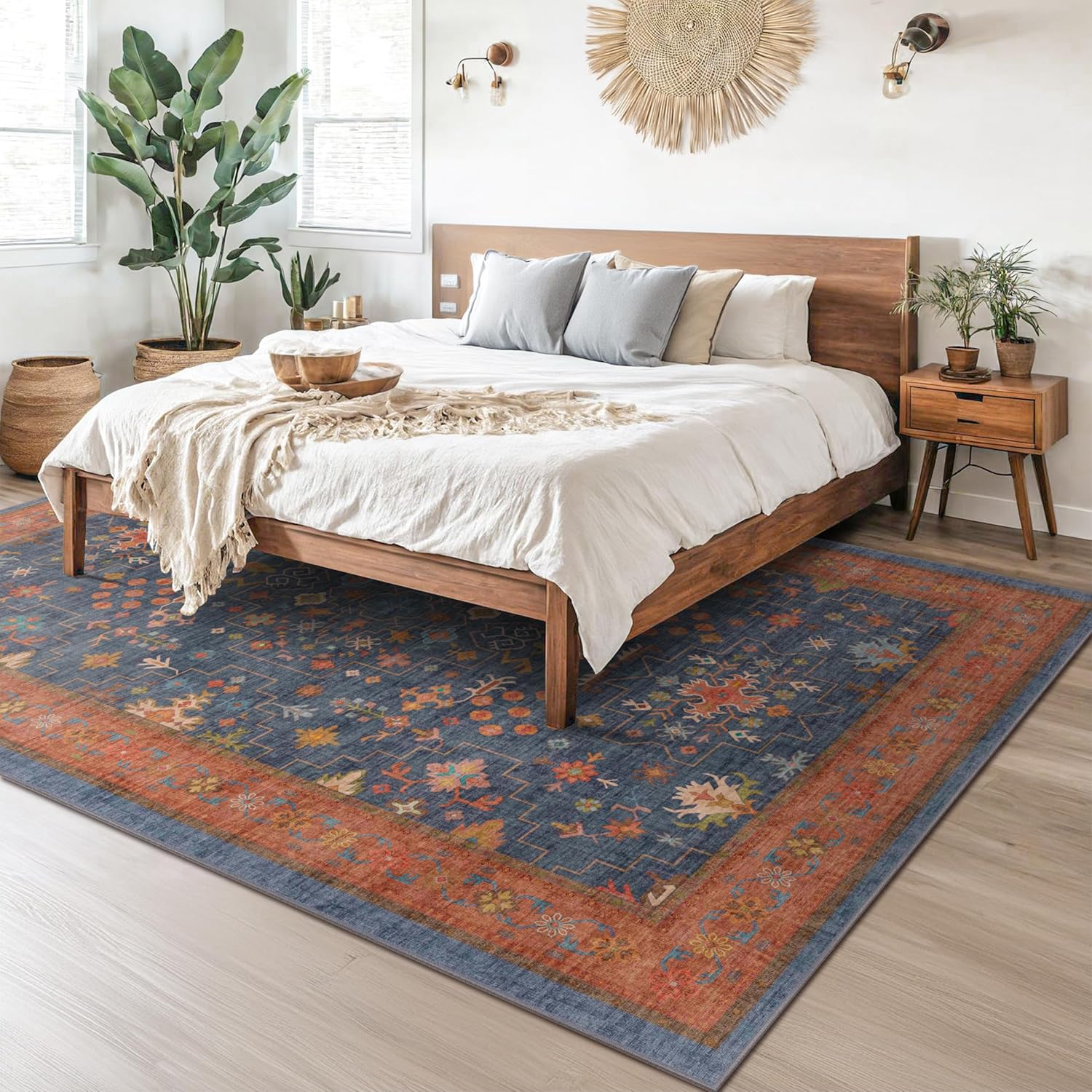 Detalle 2 de Navy Blue Area Rug 9x12: Washable, Non-Slip, Low-Pile Boho Living Room & Dining Room Rug