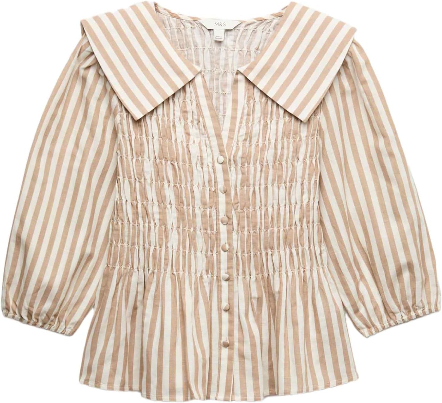 Detalle de Marks & Spencer linnenrijke damesblouse met plooien, peplumzoom en korte mouwen