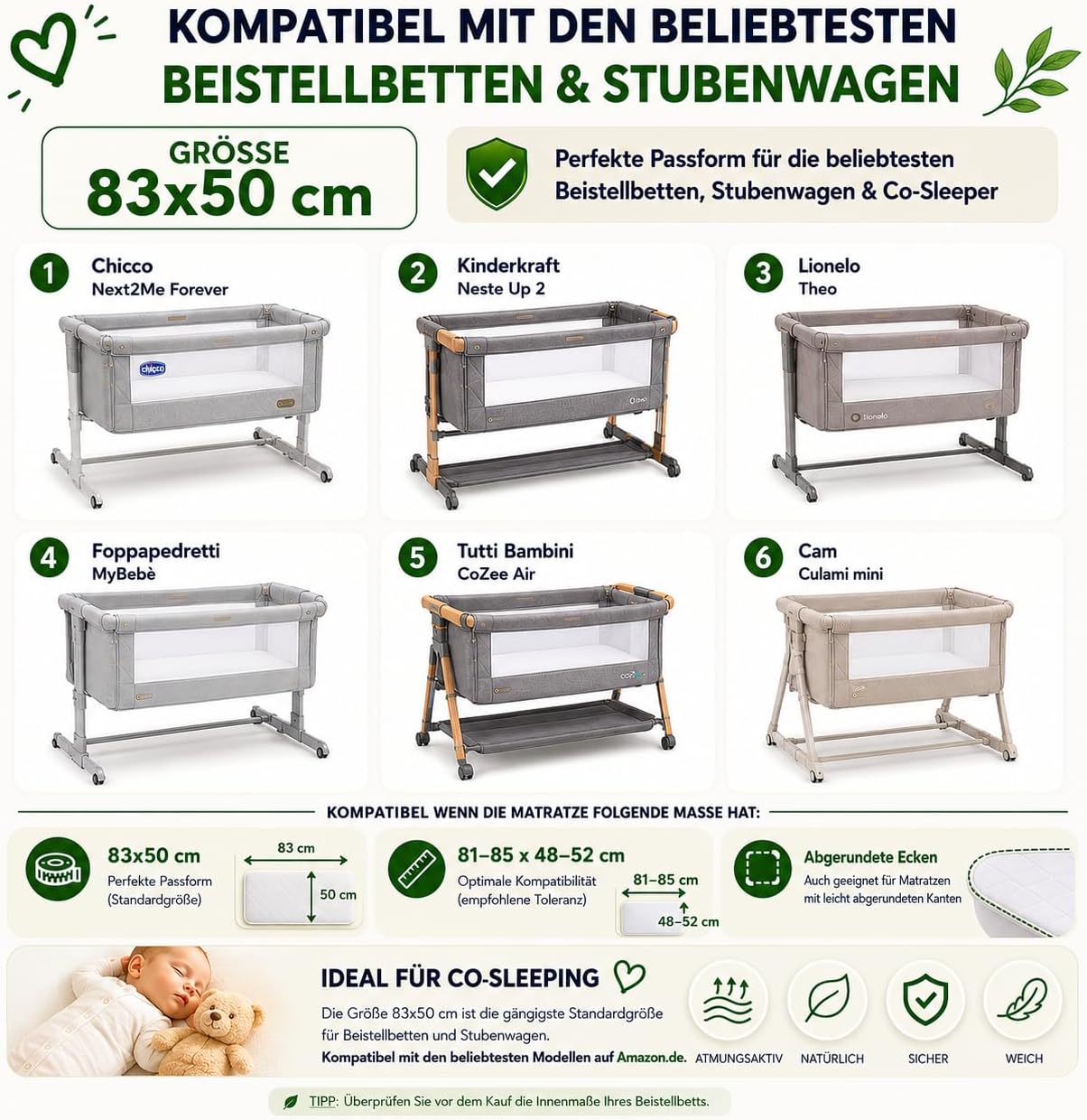 Detalle de FlyIdeas Next 2 Me wasserdichter Matratzenschoner (2er-Set) 83x50 cm – Bambus, CE-konform