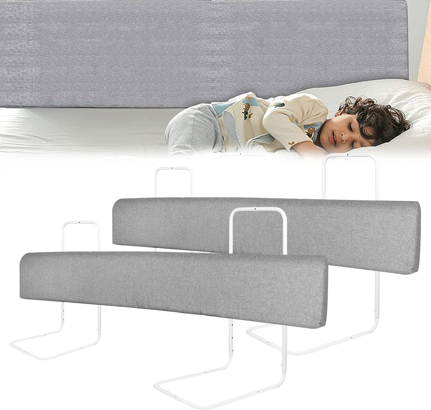 Detalle de LZQ 2x Bettgitter mit Rausfallschutz (Bettkantenschutz), höhenverstellbar 40–60 cm, flexibel formbar – Grau, 150 cm