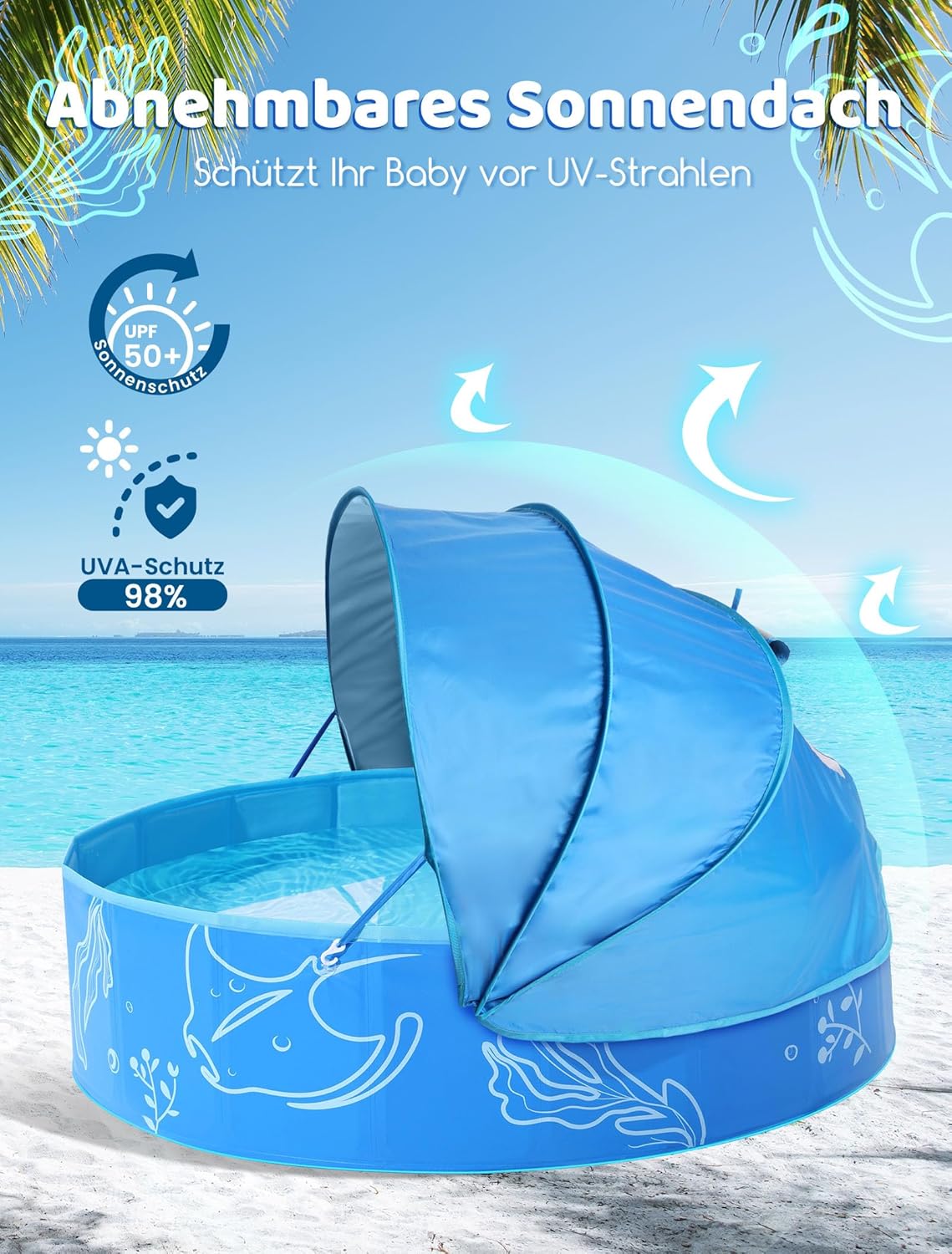 Thumbnail 2 de Hikiddy Planschbecken mit Sonnendach (Pop-Up Splash Pool) in Blau – 120 cm