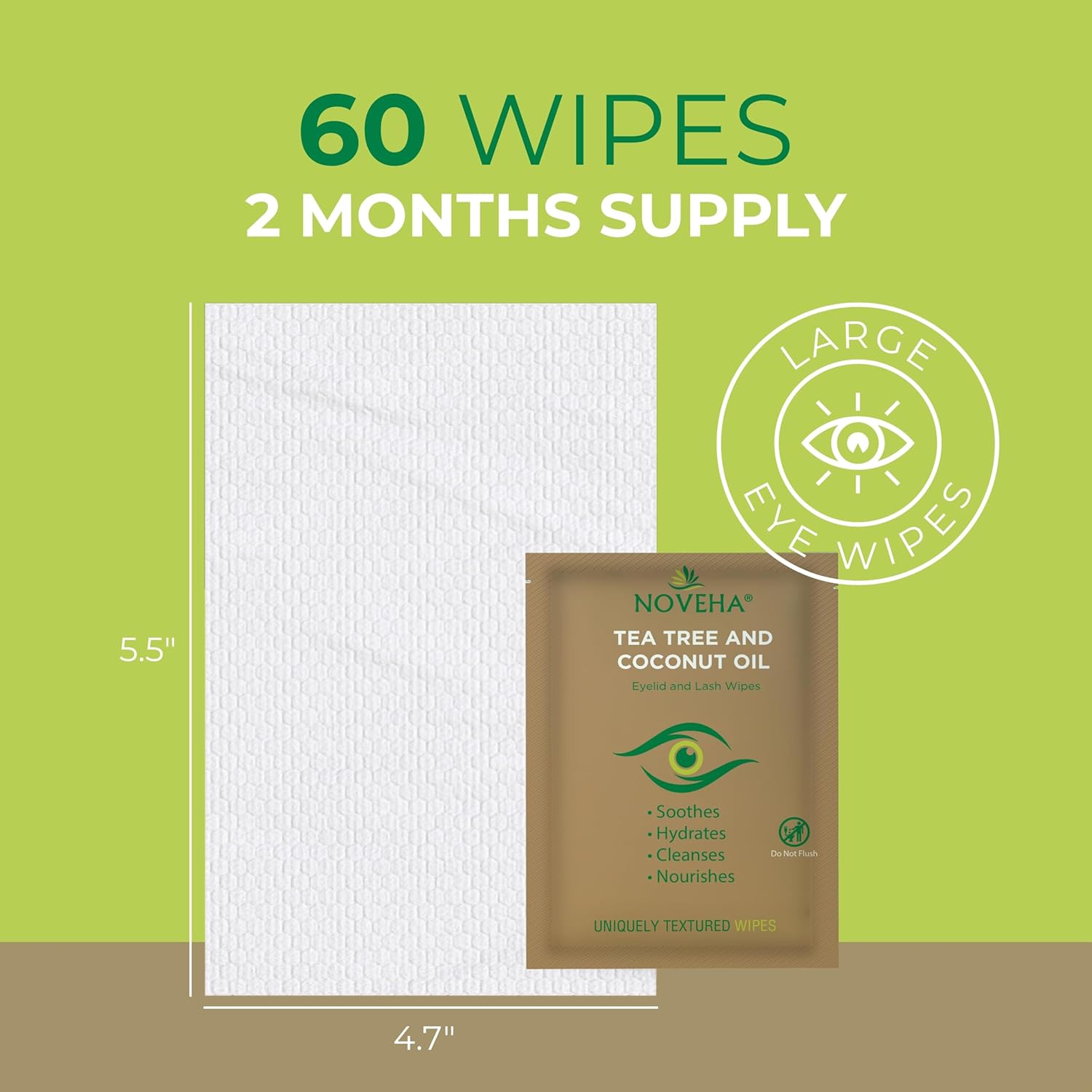 Detalle de NOVEHA 60-Count Tea Tree & Coconut Oil Eyelid & Lash Wipes for Demodex, Blepharitis & Itchy Eyes