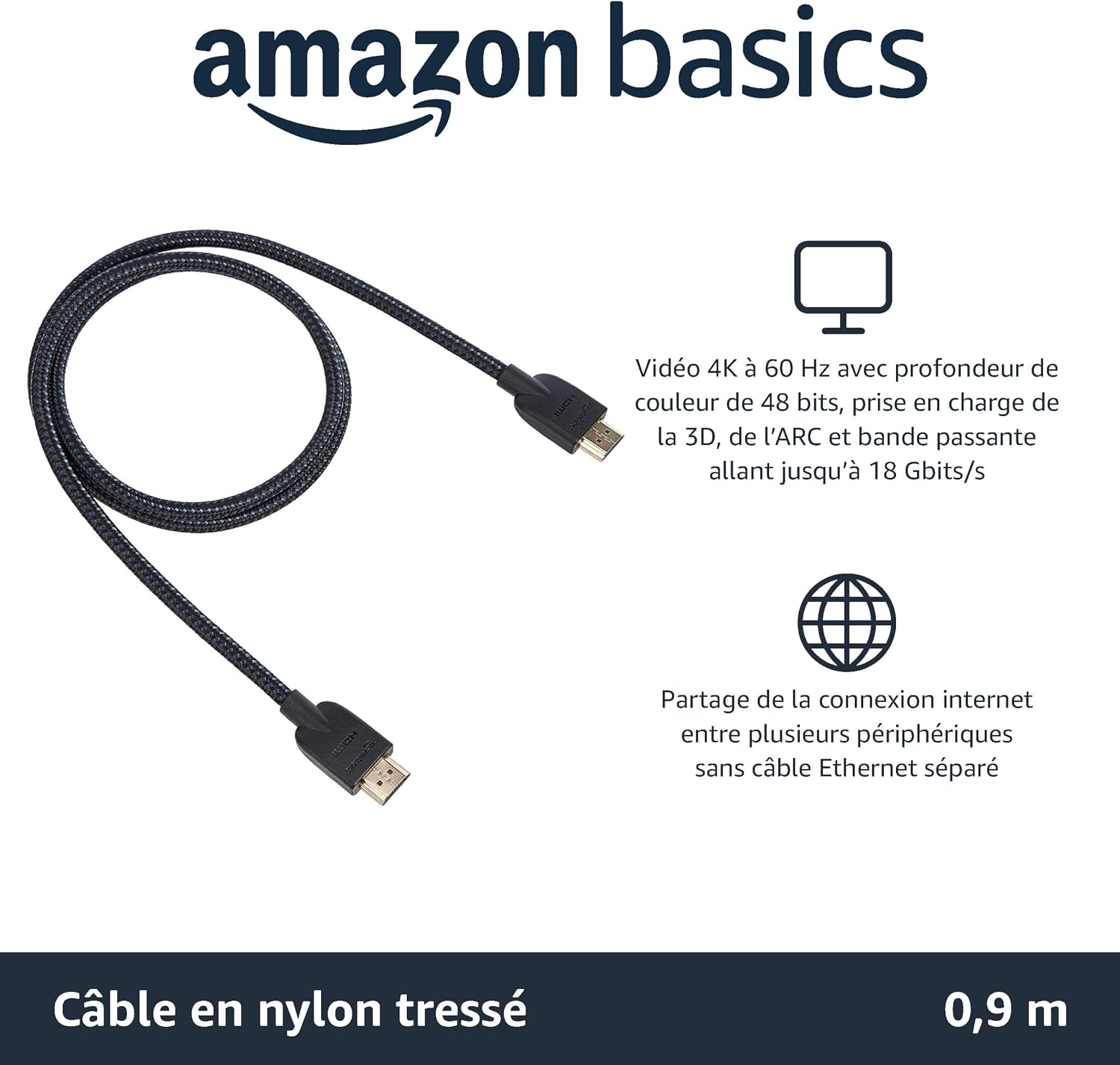 Detalle 2 de Amazon Basics Câble HDMI tressé 0,9 m — Noir, support 4K, ARC et Ethernet