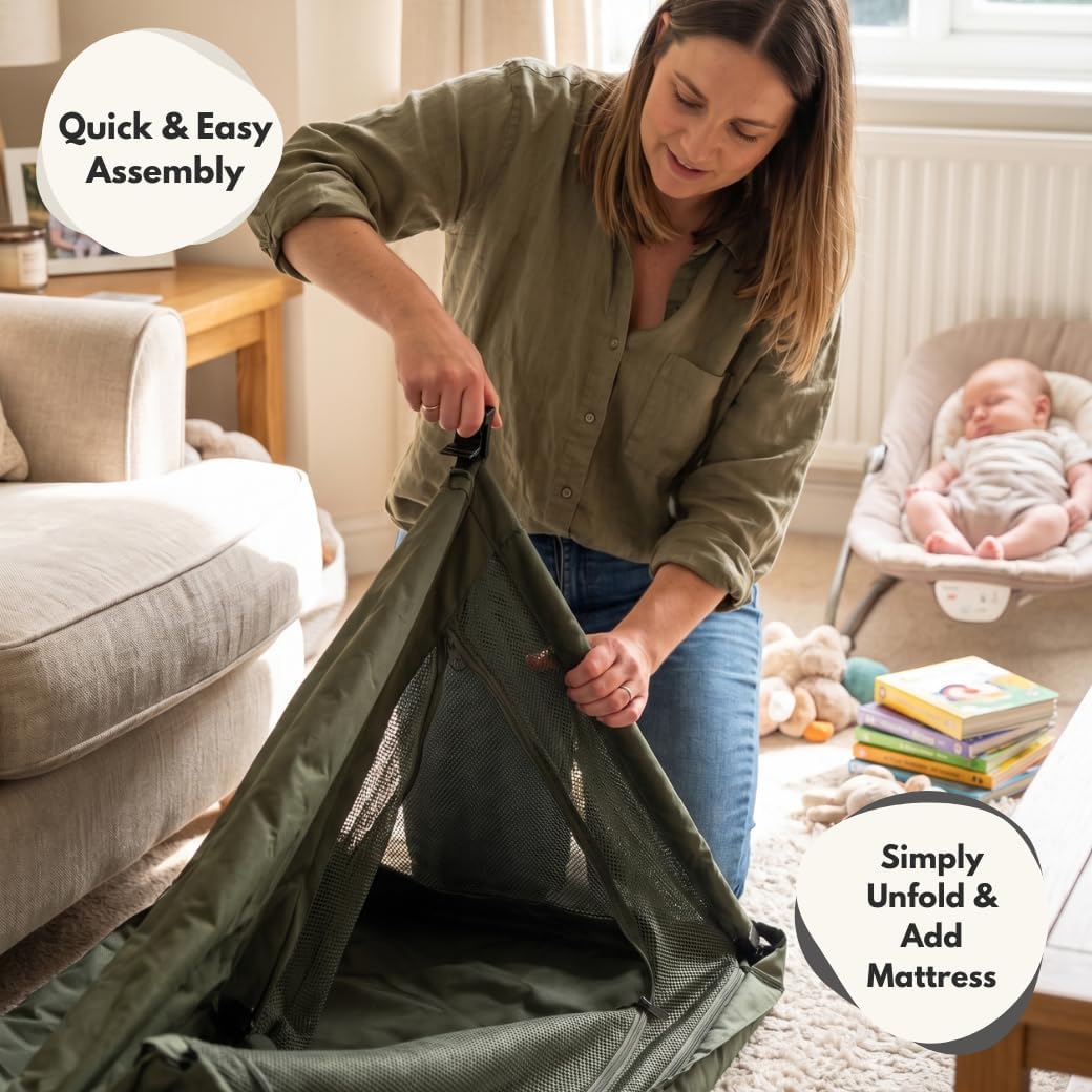 Detalle de Venture Airpod Travel Cot – Lightweight Foldable Baby Cot with Newborn Insert, Mattress, and Playpen Function (Dark Grey)