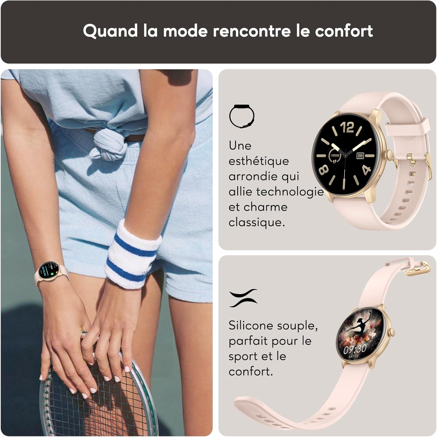 Detalle de AcclaFit Montre connectée ronde 1,38" avec appel Bluetooth et suivi santé (IP68) – pour femme & homme