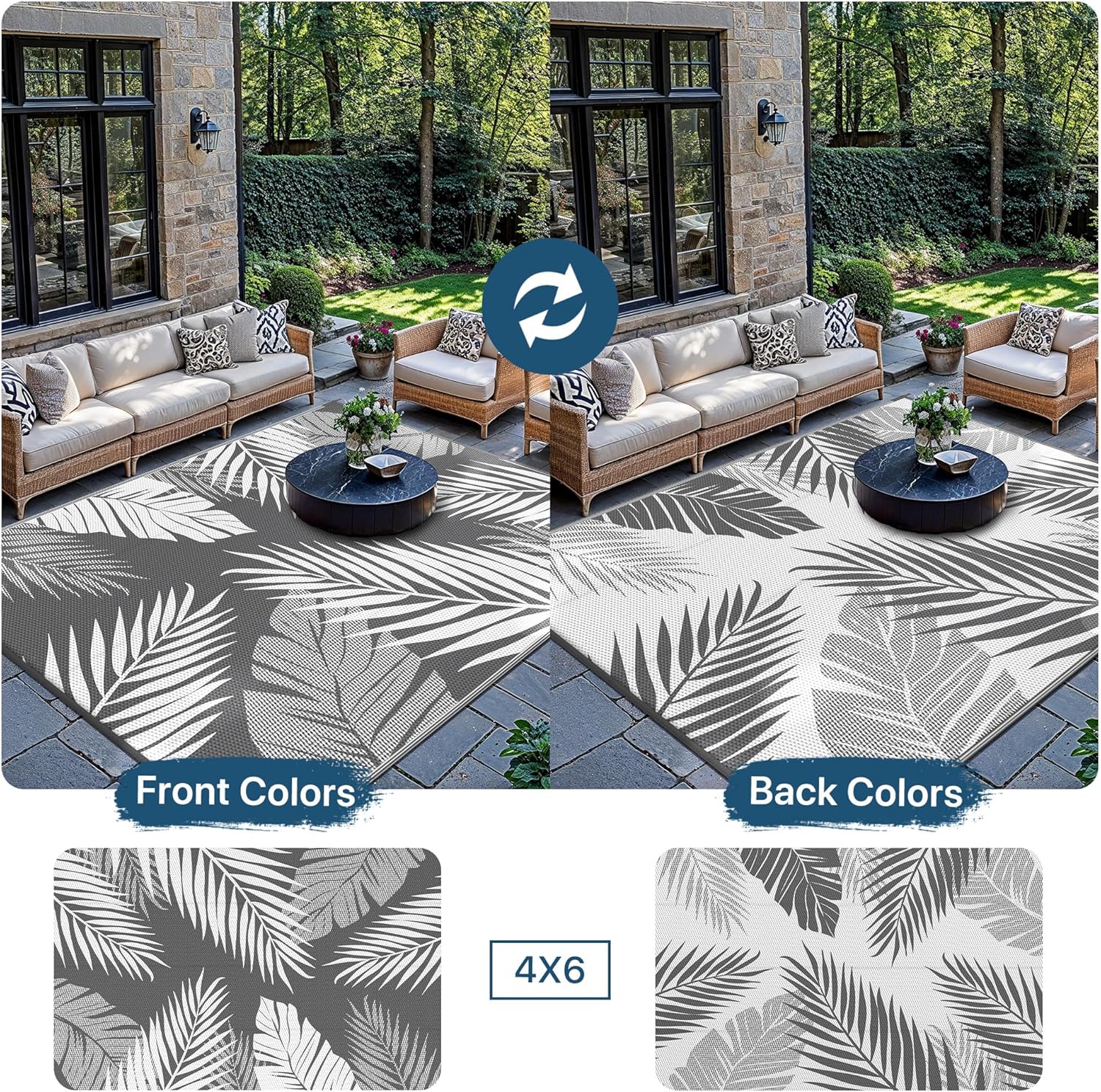 Detalle de GENIMO Outdoor Rug 120x180cm – Waterproof Reversible Garden Carpet (Grey & White)