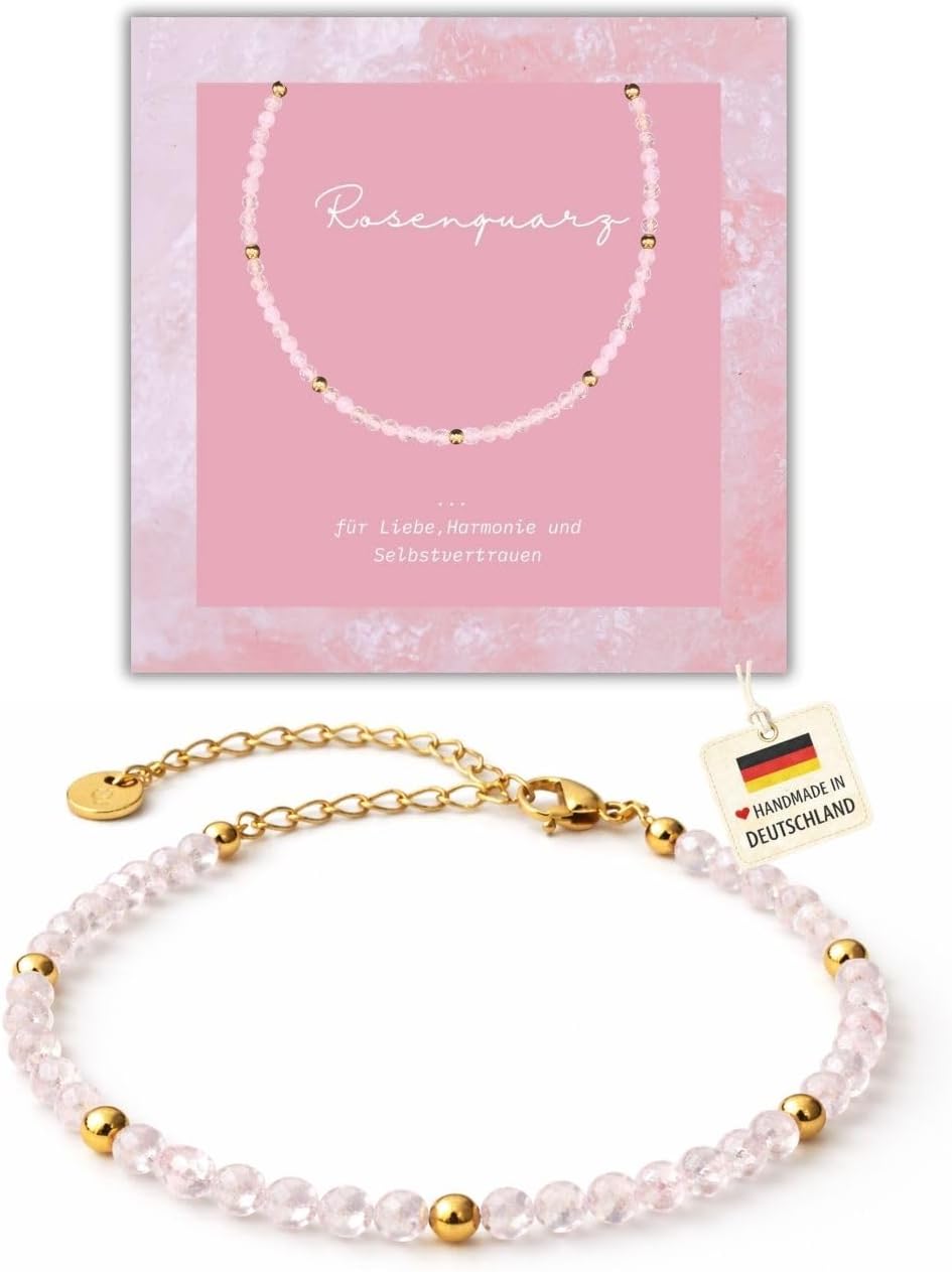 Detalle de happymaker Rosenquarz-Perlenarmband aus 925 Sterling Silber (oder vergoldet) mit Verlängerungskette