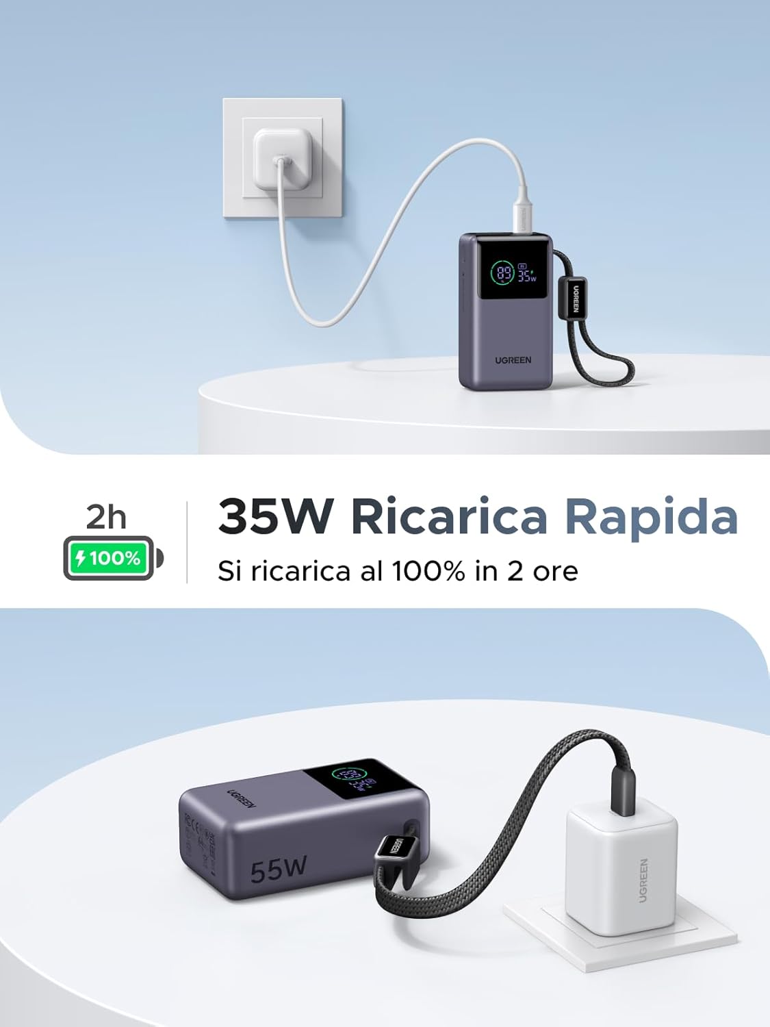 Thumbnail 3 de UGREEN Nexode Pro 55W Power Bank 10000mAh: ricarica rapida, 3 in 1 e cavo USB-C integrato