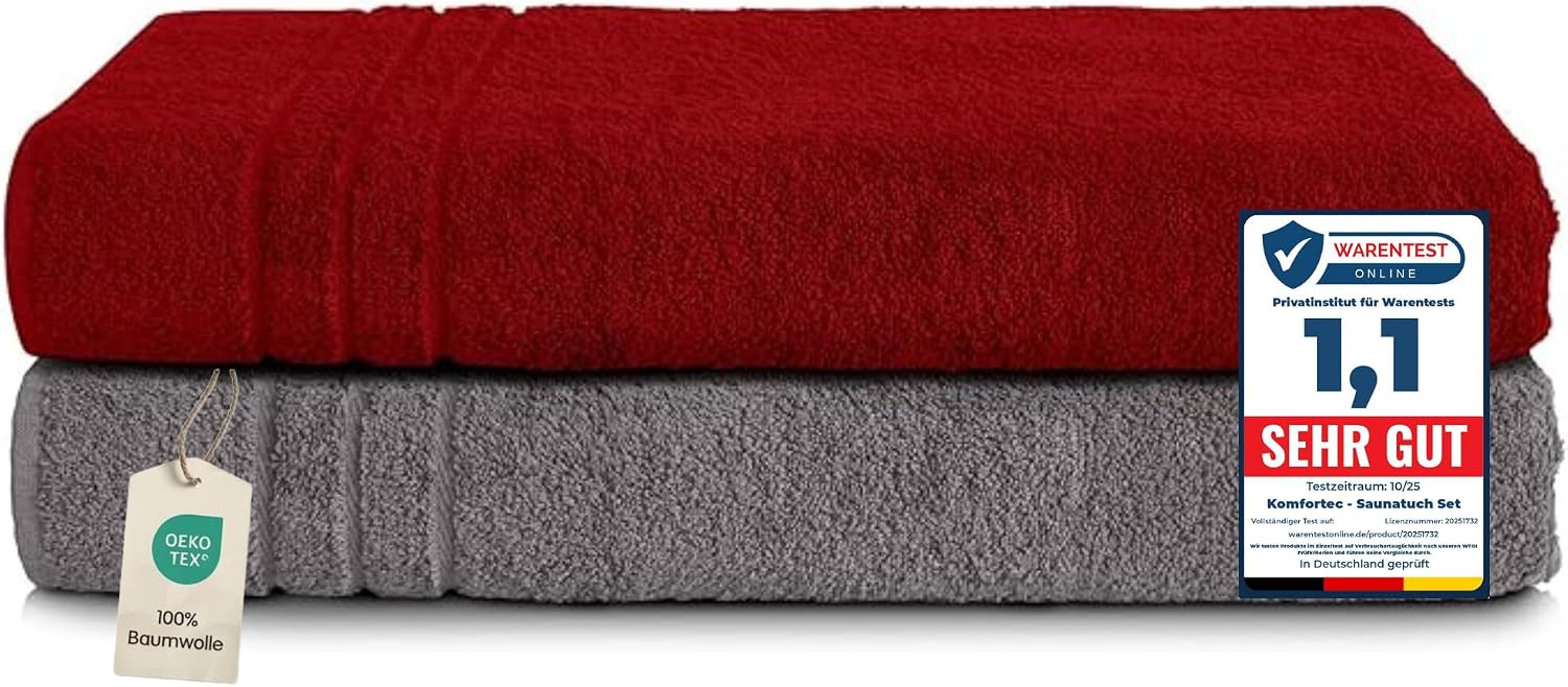 Detalle de Komfortec Lot de 2 Serviettes de Sauna 80 x 200 cm – 100% Coton XXL, Gris Anthracite et Rouge Aurore