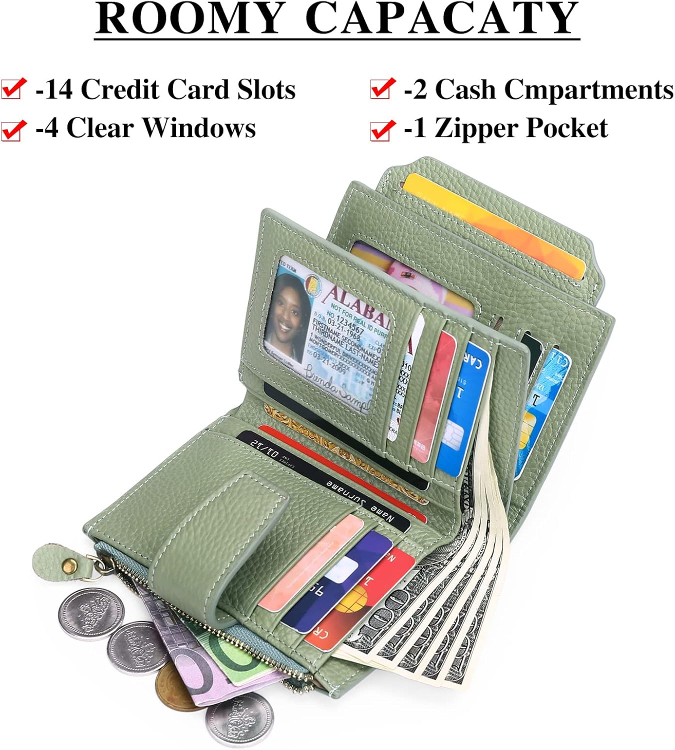 Thumbnail 4 de SENDEFN Women's RFID Blocking Leather Small Compact Bi-fold Zipper Pocket Wallet