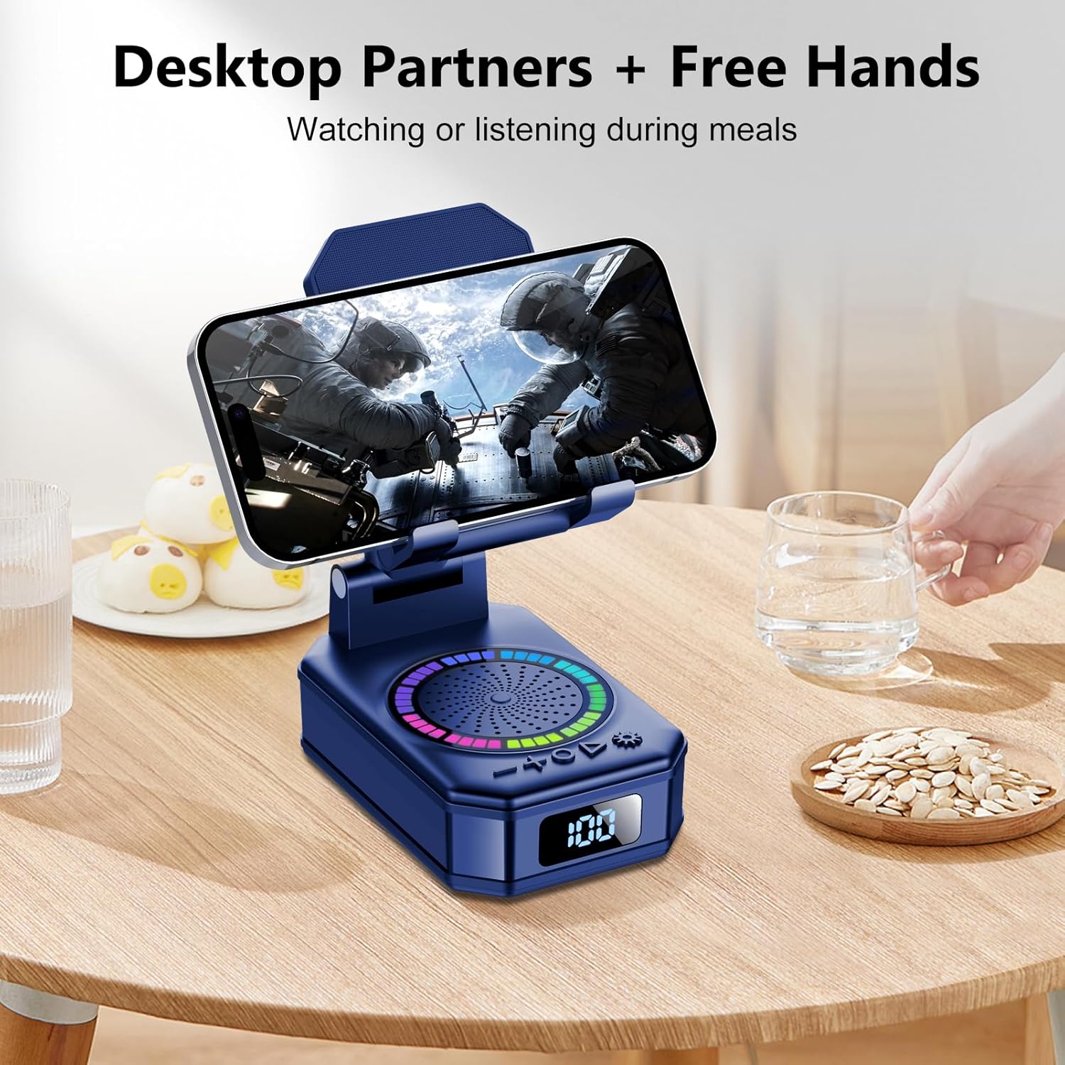 Detalle de Vatertagsgeschenk für Papa: 4-in-1 Bluetooth-Lautsprecher mit Handyhalter, LED-Licht, langer Akku und Trageständer (Blau)