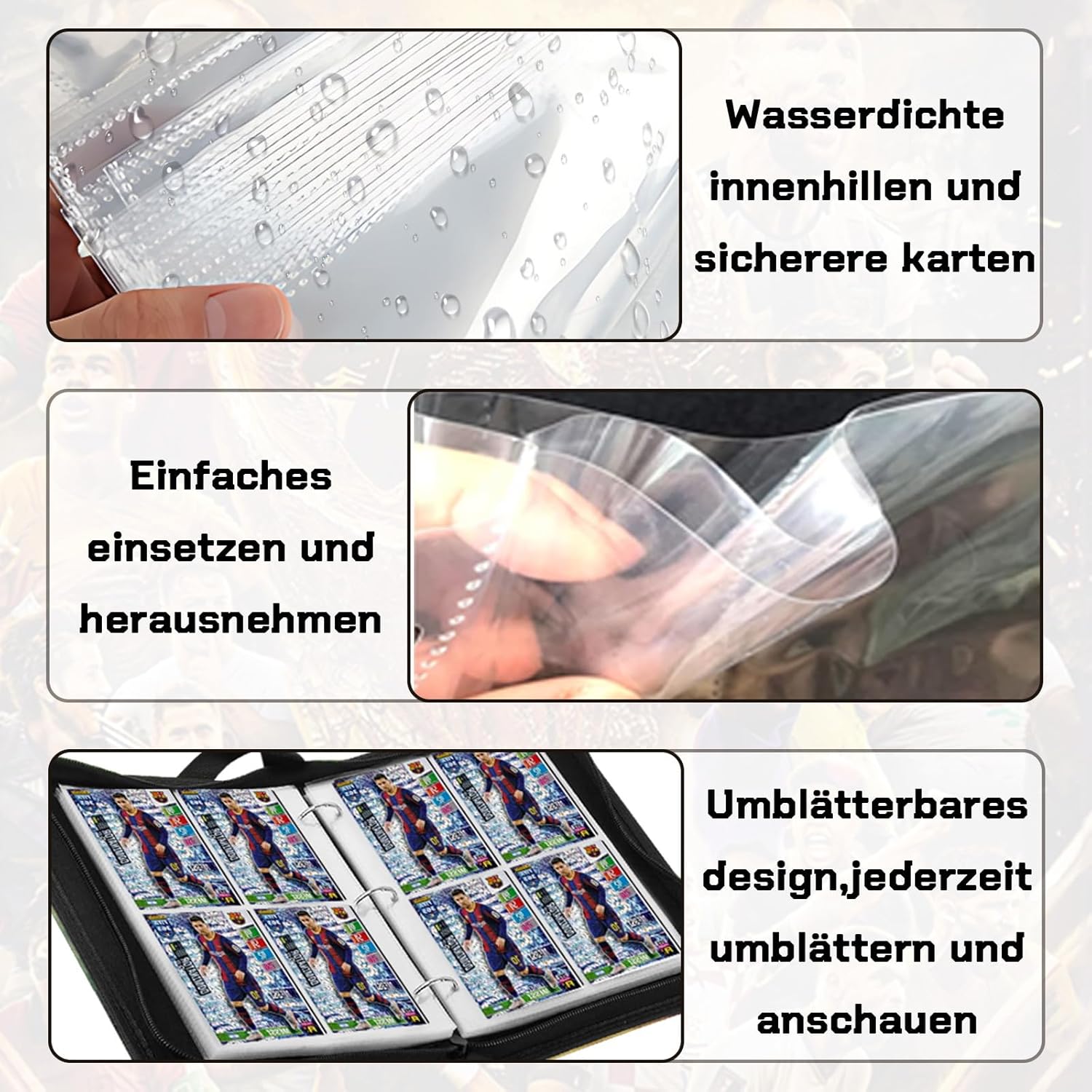 Thumbnail 3 de Sammelalbum für Fußballkarten mit 440 Sammelkarten & 55 Seiten (4 Taschen) – wasserdichtes PU-Leder, mit Reißverschluss