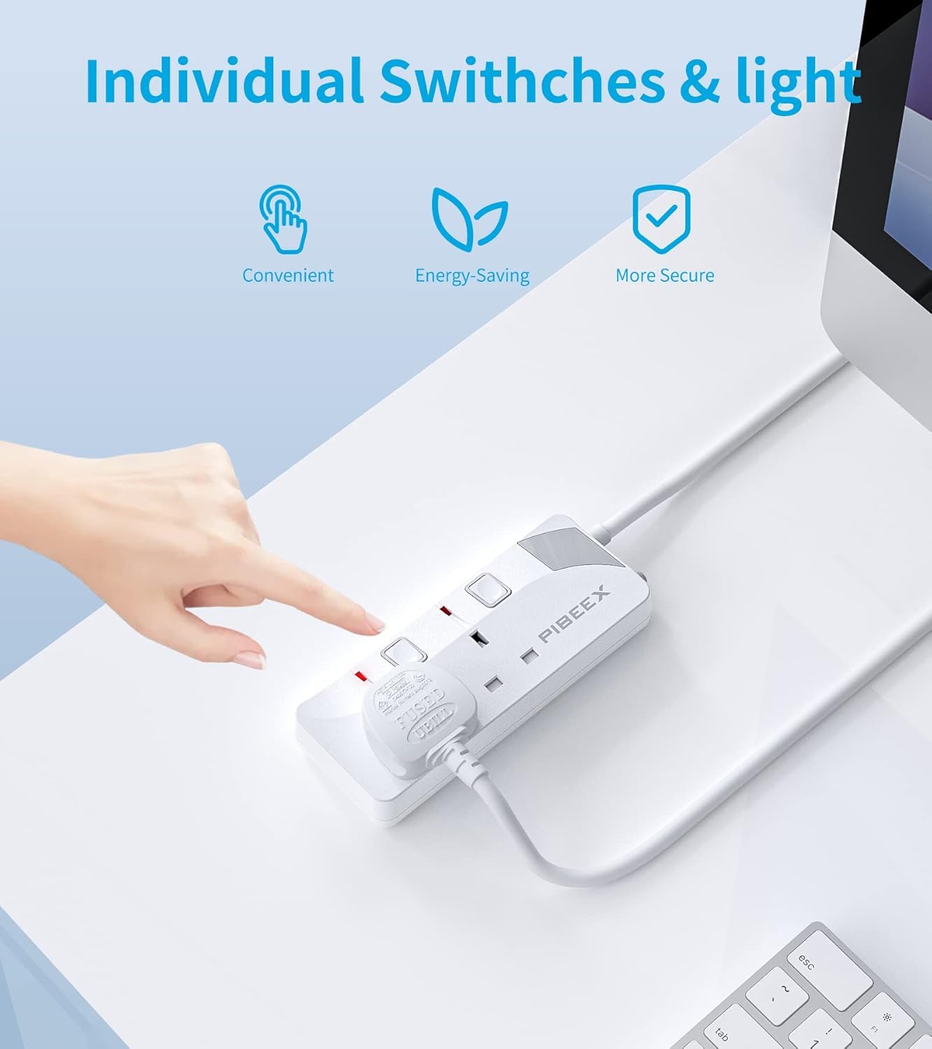 Thumbnail 2 de PIBEEX Extension Lead 2 Way Plug Sockets with Individual Switches